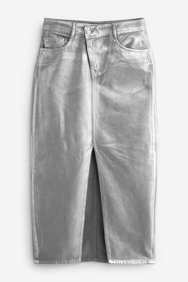 mit (1-tlg) Metallic Jeansrock Taille Next Jeans-Midirock asymmetrischer