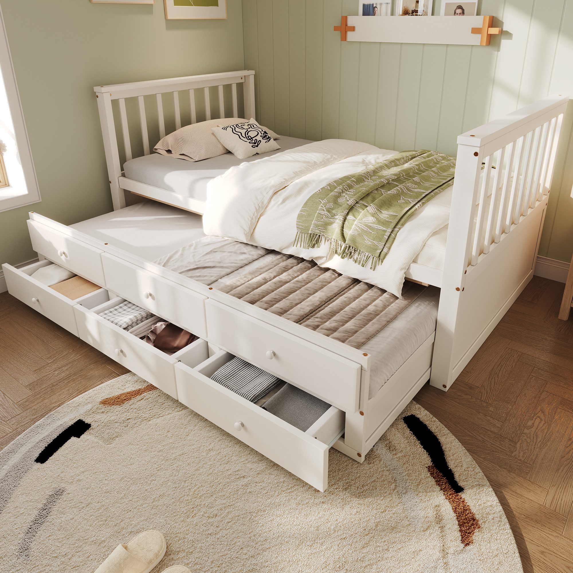 Flieks Massivholzbett, Einzelbett Kinderbett 90x200cm mit Schubladen und Ausziehbett 90x190cm