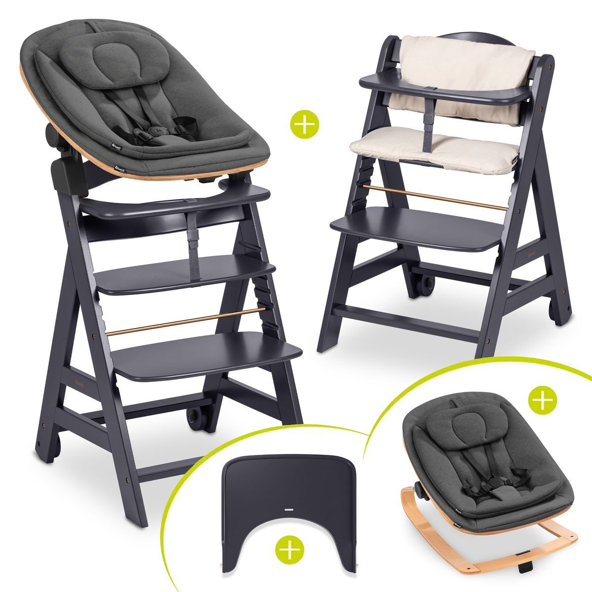 Hauck Hochstuhl Beta Plus Newborn Set - Eco - Dark Grey, Holz Babyhochstuhl ab Geburt mit Neugeborenensufsatz & Sitzkissen