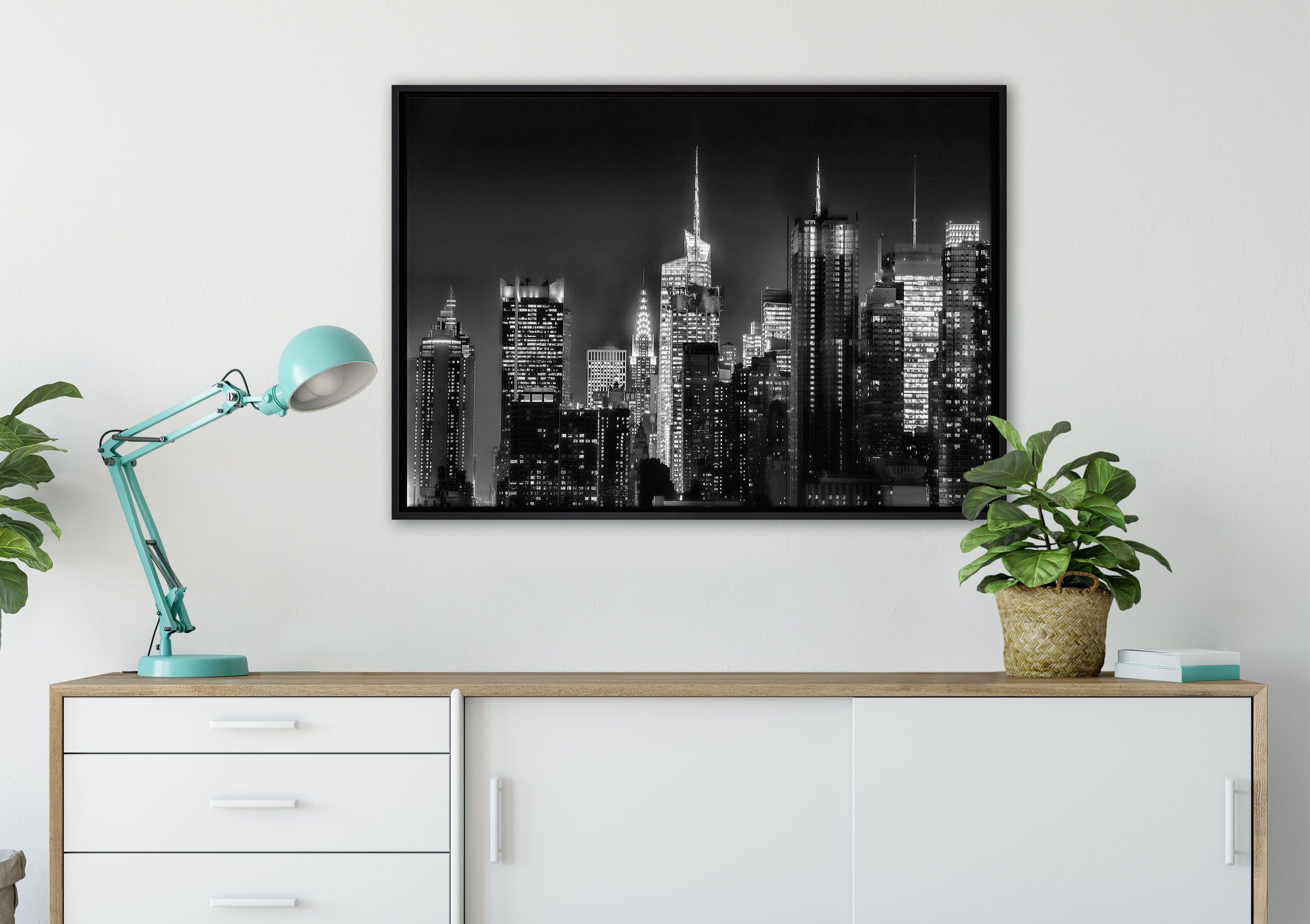 Pixxprint Leinwandbild New York Zackenaufhänger (1 St), in Leinwandbild fertig gefasst, inkl. einem von Wanddekoration Schattenfugen-Bilderrahmen schwarz weiß, bespannt, oben