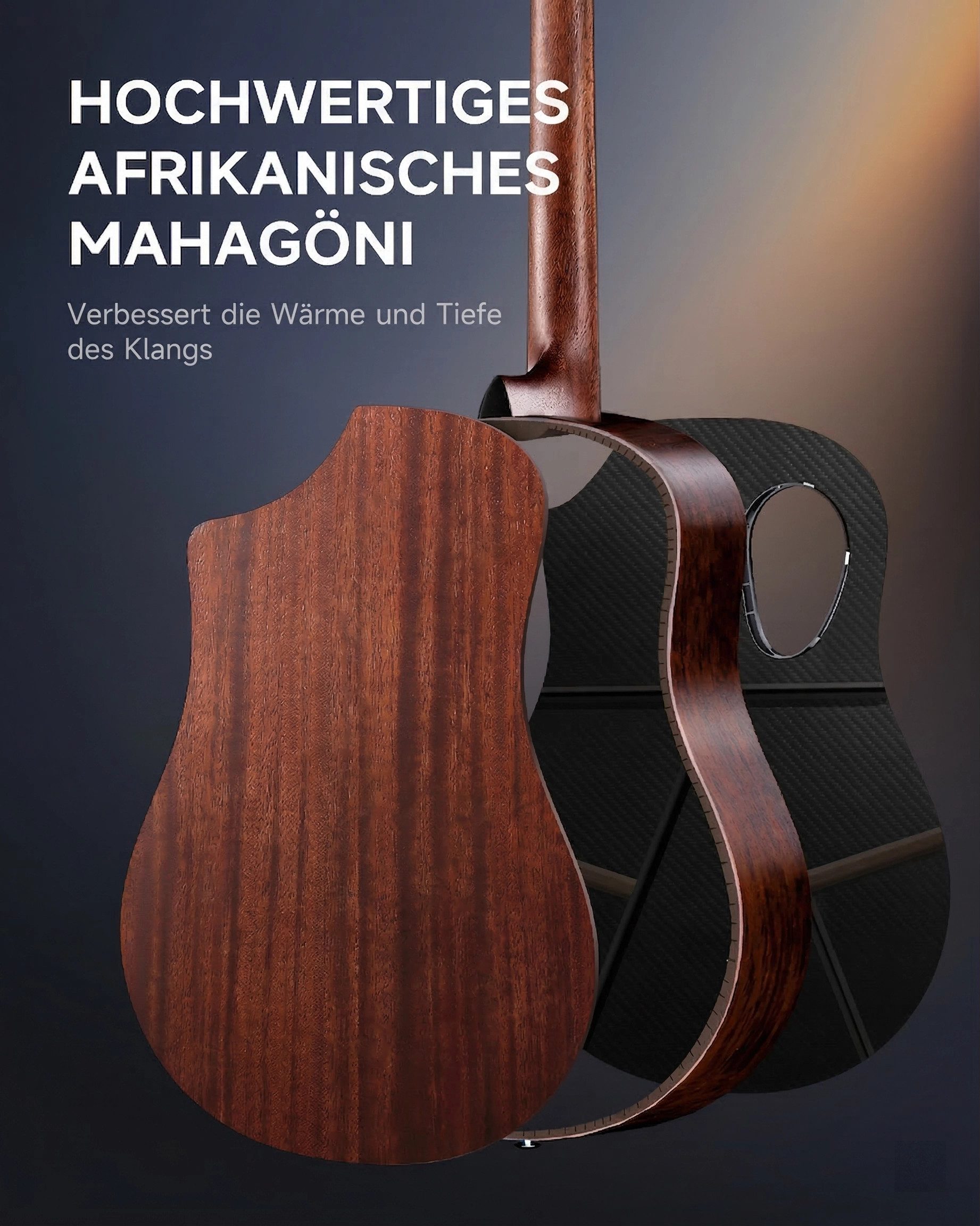 Donner Akustikgitarre 38" Carbonfaser Reisegitarre, Warmes Klangbild RISING-G1, Komplettset, Gigbag, Gurt, Stimmgerät, für Anfänger in voller Größe komplettes A – Bild 4 von 5