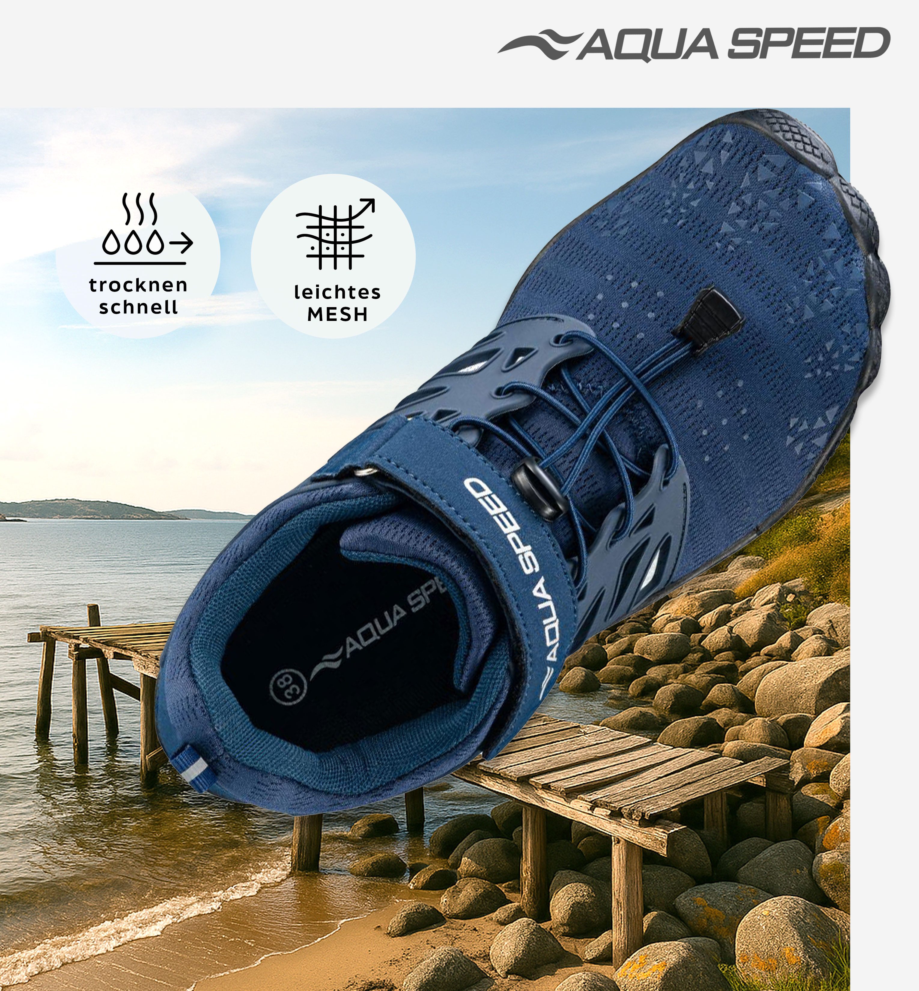 Aqua Speed Taipan Wasserschuhe Gr. 36 – Navy mit Mikrofaserhandtuch Wasserschuh (Sportliche Wasserschuhe mit Grip – ideal für Alltag & Abenteuer) Rutschfest & a – Bild 5 von 5