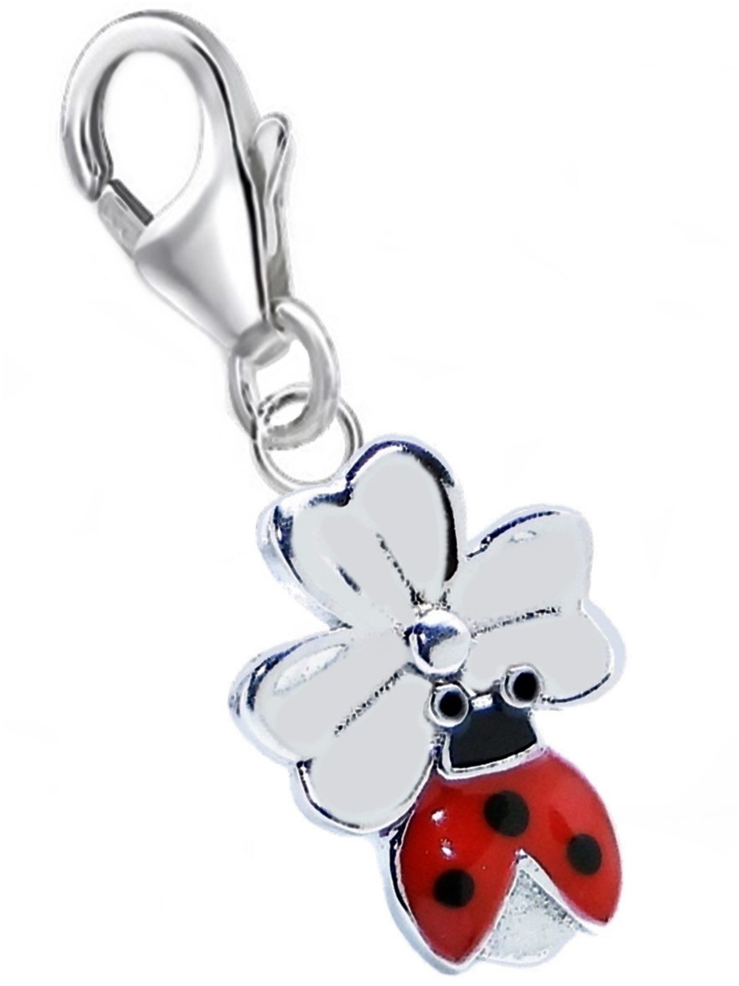 Charm-Einhänger Kleeblatt mit Marienkäfer Karabiner Charm Anhänger 925 Sterlingsilber