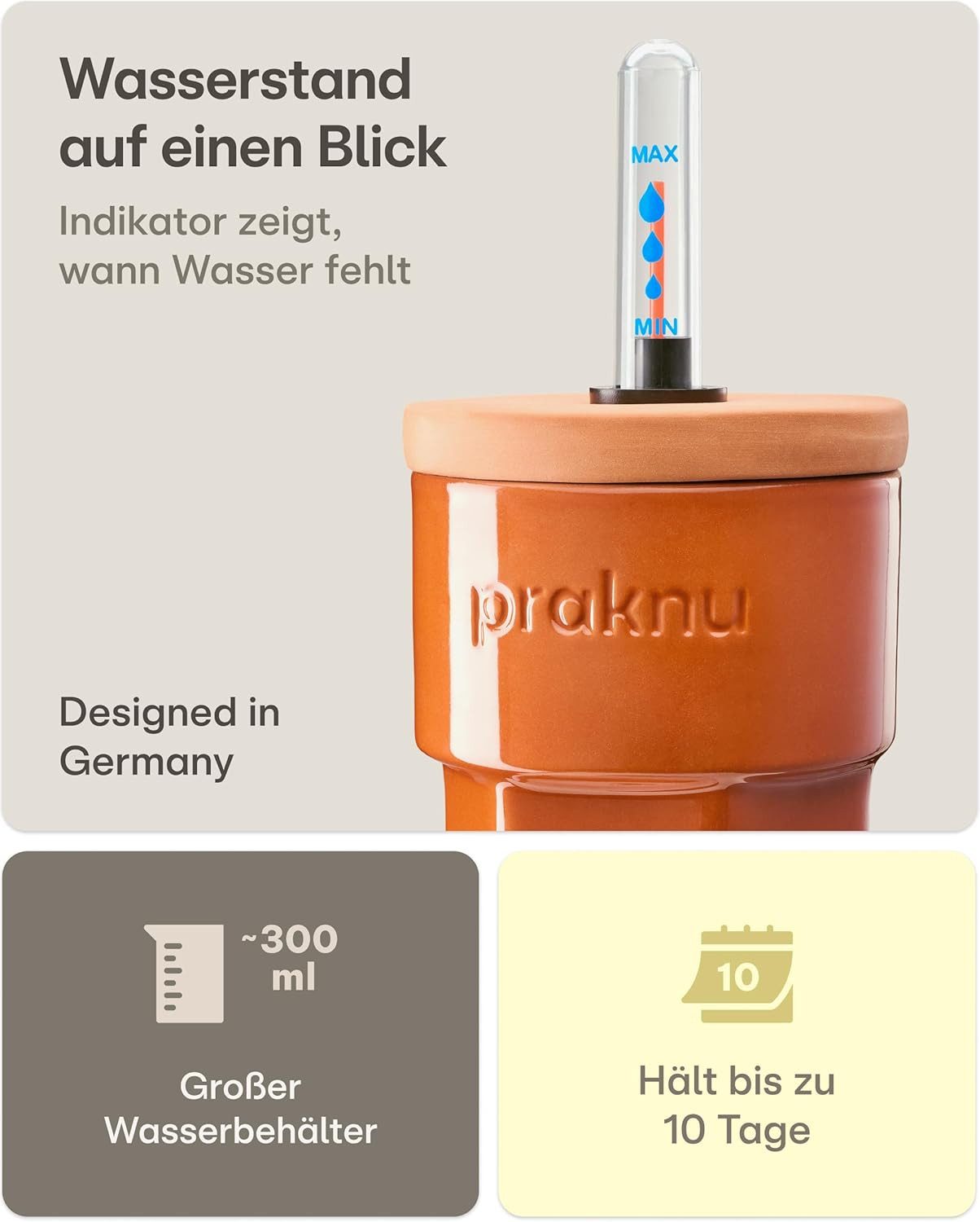 Praknu Bewässerungssystem 3 x Tonkegel Bewässerung mit Deckel & Wasseranzeige – Bis zu 10 Tage, (3er Set, 3 Tonkegel mit Deckel & Wasseranzeige – automatische Bewässerung)