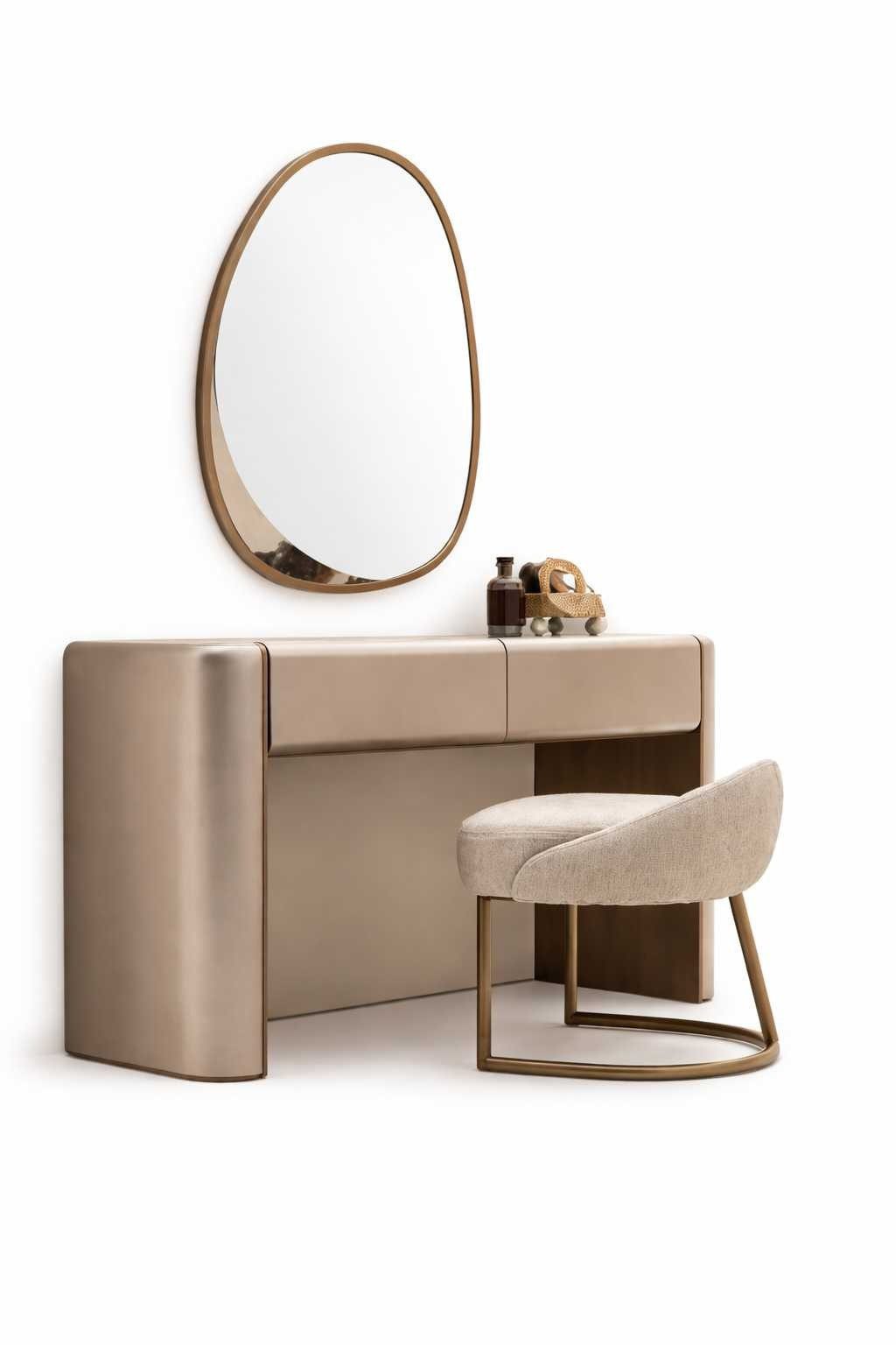 Xlmoebel Schminktisch Eleganter Schminktisch mit ovalem Spiegel und Hocker in Gold (Schminktisch mit Spiegel und Hocker, mit Spiegel und Hocker), Made in Europa