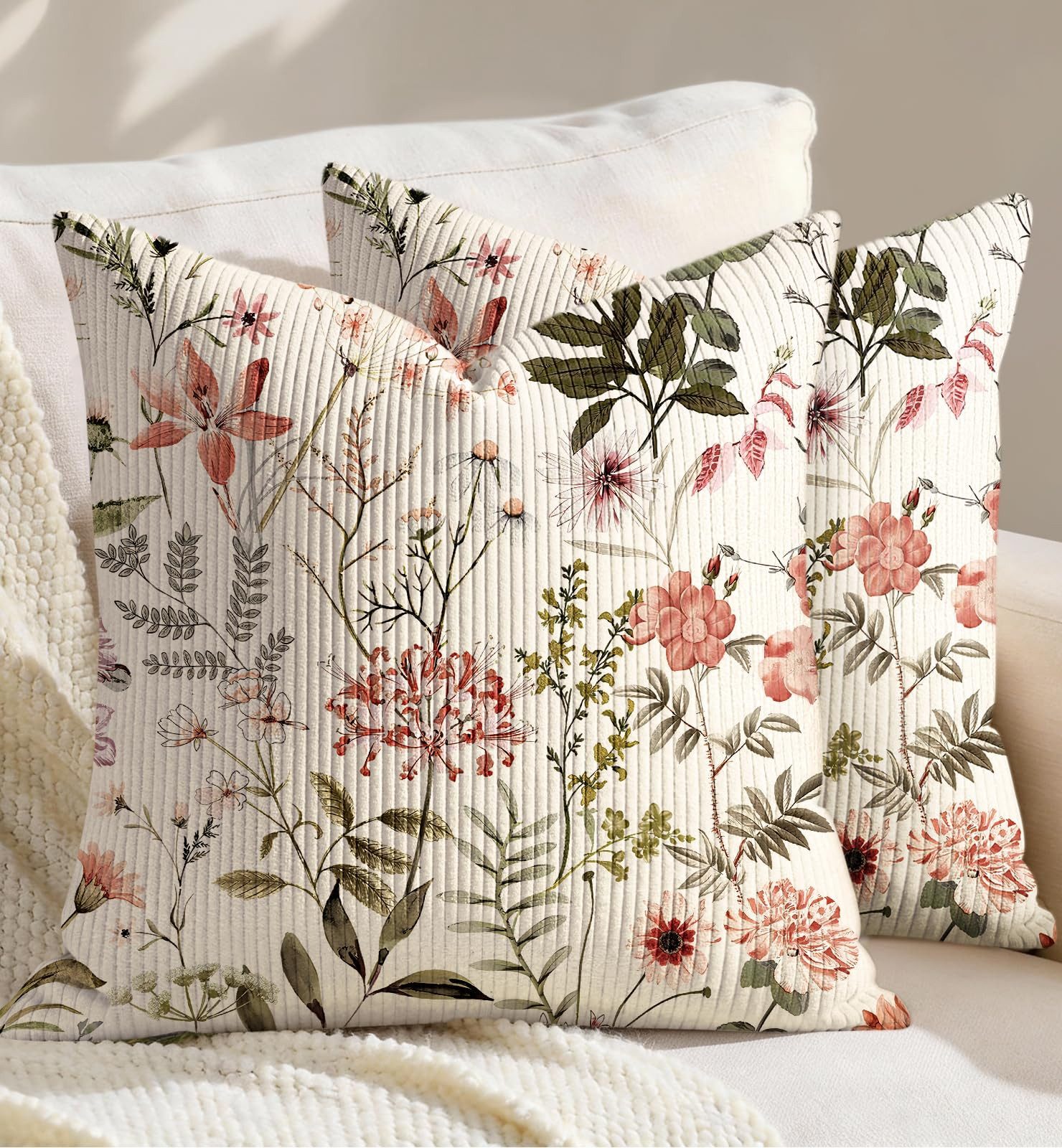 FOUORTUNATE-BEE Kissenbezüge 2er-Set Rosa Blumenmuster Corduroy Kissenbezüge Frühlings-Kissenhüllen, (2 Stück), mit Reißverschluss für Sofa, Couch, Wohnzimmer, Schlafzimmer