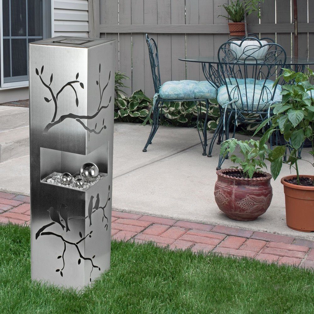 Harms Import LED Solarleuchte, LED-Leuchtmittel fest verbaut, Warmweiß, Solarsäule Gartenleuchte Außenleuchte Edelstahl Äste Vögel Dekokugeln