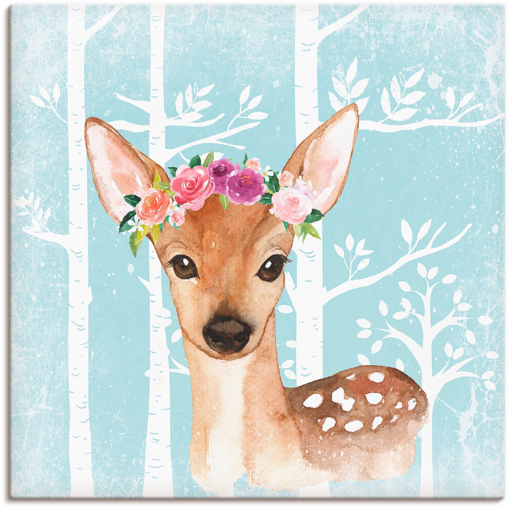 Artland Leinwandbild Wild Reh mit Blumen im blauen Wald, Tiere (1 St), auf Holzrahmen gespannt