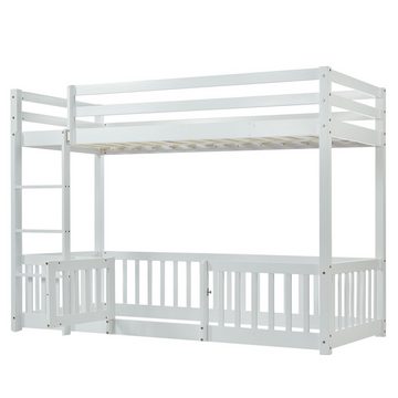 NMonet Etagenbett Hochbett Kiefernholz Kinderbett, mit rechtwinkliger Treppe, Zäune und Türchen, Massivholz, weiß