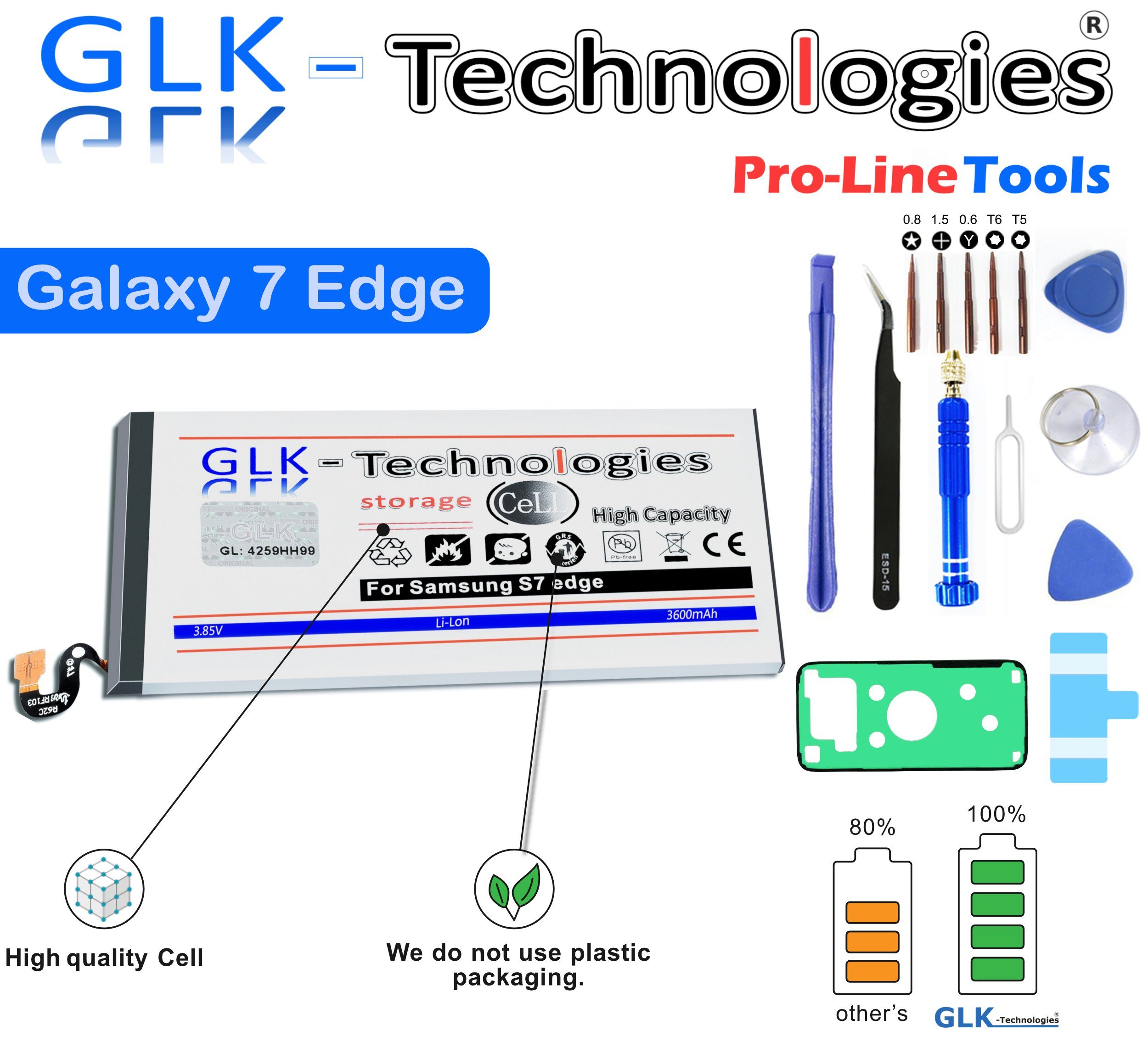 GLK-Technologies High-Capacity Ersatzakku kompatibel mit Samsung Galaxy S7 Edge SM-G935F, Original GLK-Technologies Battery, accu, 3600 mAh, ersetzt EB-BG935ABE inkl. Werkzeug Set Kit Smartphone-Akku 3600 mAh (3.8 V)