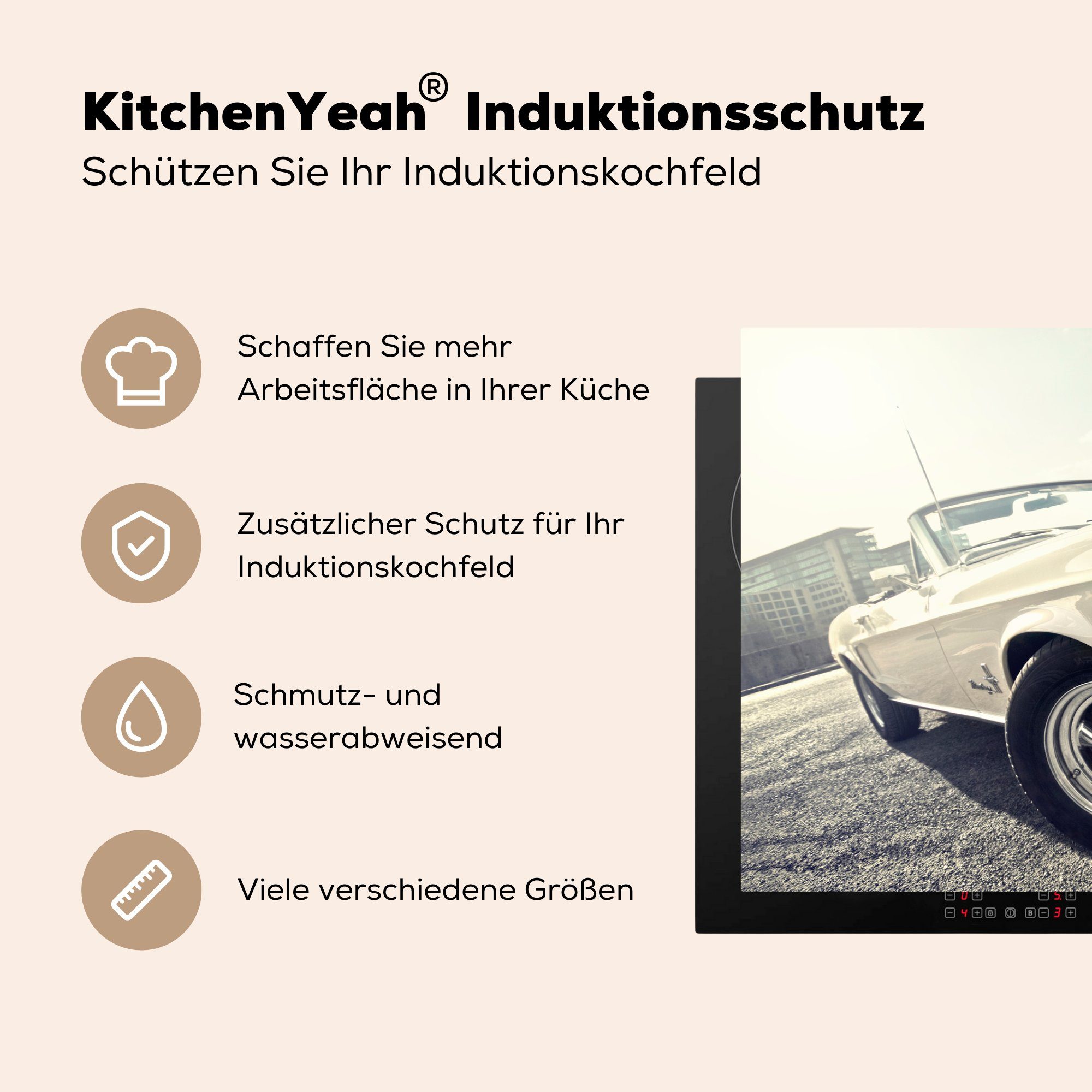 Induktionskochfeld - Schutz küche, tlg), MuchoWow für cm, Herdblende-/Abdeckplatte - Mustang Autos Berlin, 81x52 Vinyl, die (1 Ceranfeldabdeckung
