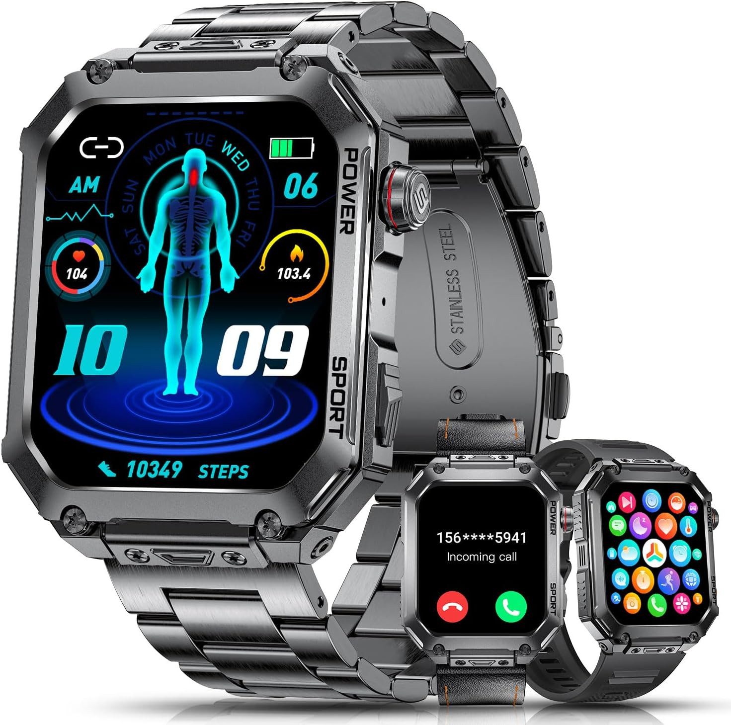 Zevelora Militär 400mAh 100+ Sportmodi 5ATM Wasserdicht mit Telefonfunktion Smartwatch (1.96 Zoll, Android/iOS), mit 3 Bänder 400mAh 100+ Sportmodi Telefonfunktion Metallarmband