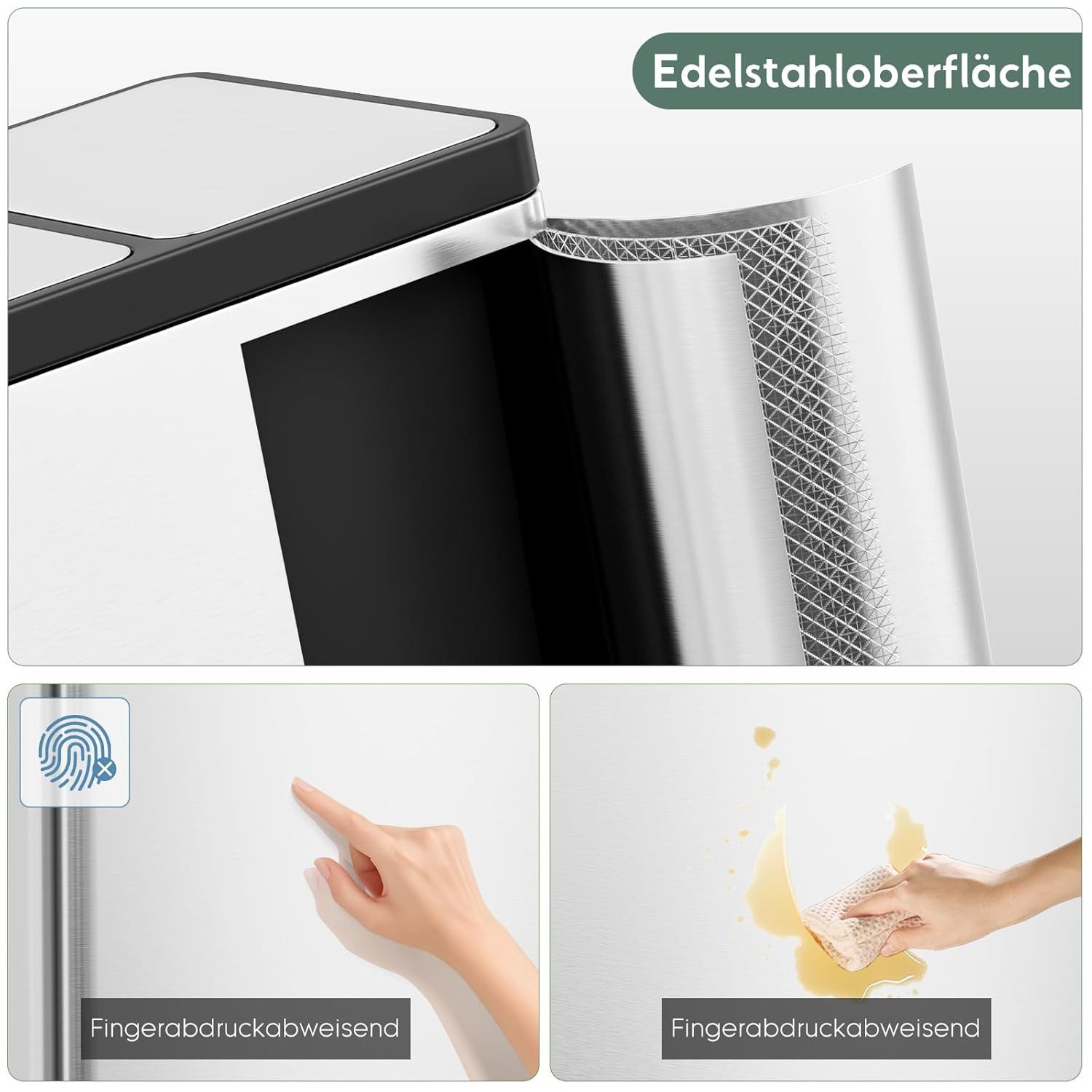 TLGREEN Mülltrennsystem 3×15L aus Stahl,Mülleimer 3 Fächer mit Soft-Close-Deckeln,Abfalleimer mit Herausnehmbare Inneneime – Bild 4 von 5
