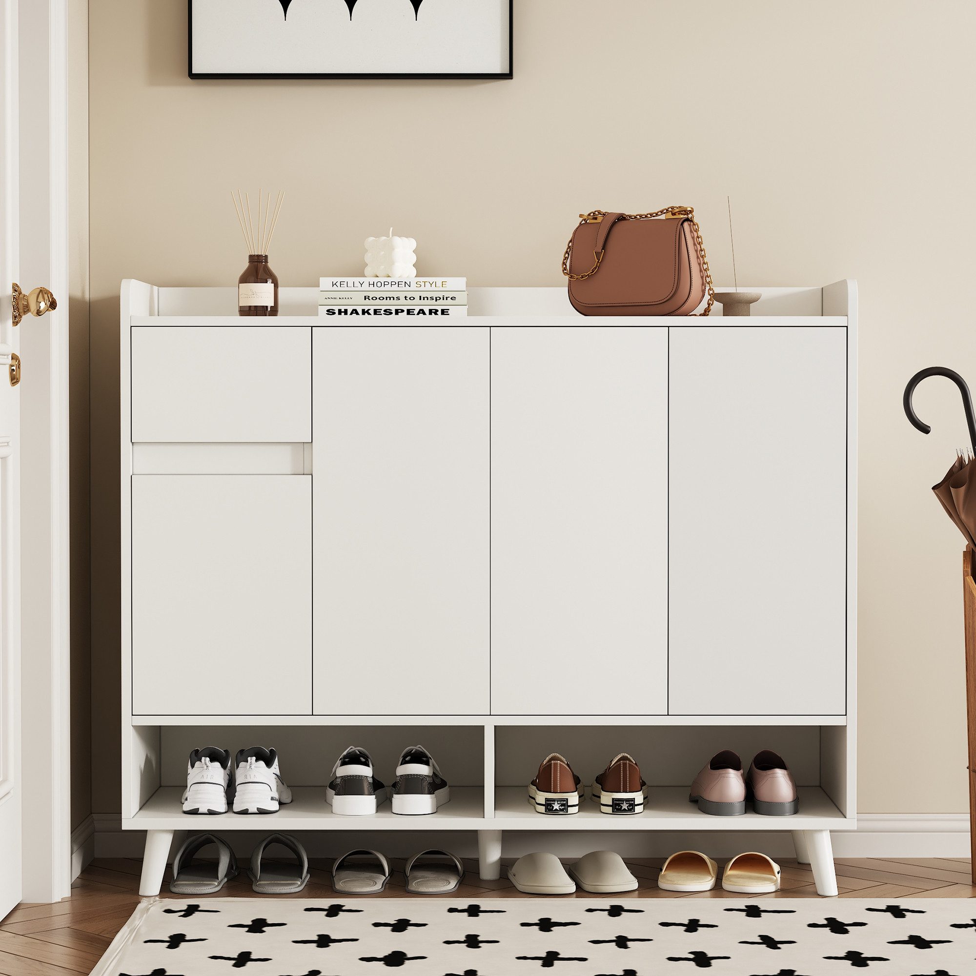Flieks Schuhschrank mit 1 Schubladen und 4 Türen Weiß/Natur (B120/T35/H99 cm, 1-St., mit verstellbaren Einlegeböden) Schuhkommode Mehrzweckschrank Sideboard, Massivholzbeine