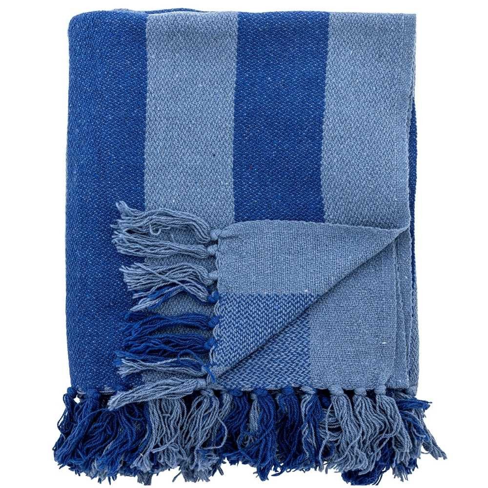 Wohndecke Bloomingville Decke FRELLO Blau Streifen Muster mit Fransen 160x130 cm, Bloomingville