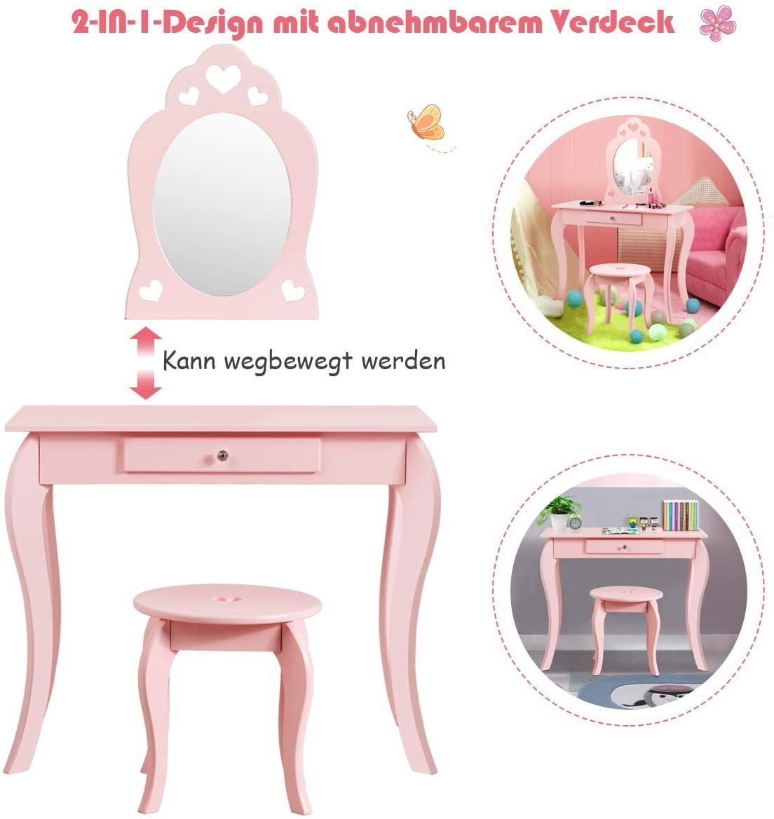 COSTWAY Schminktisch, Kinder, mit Hocker Pink