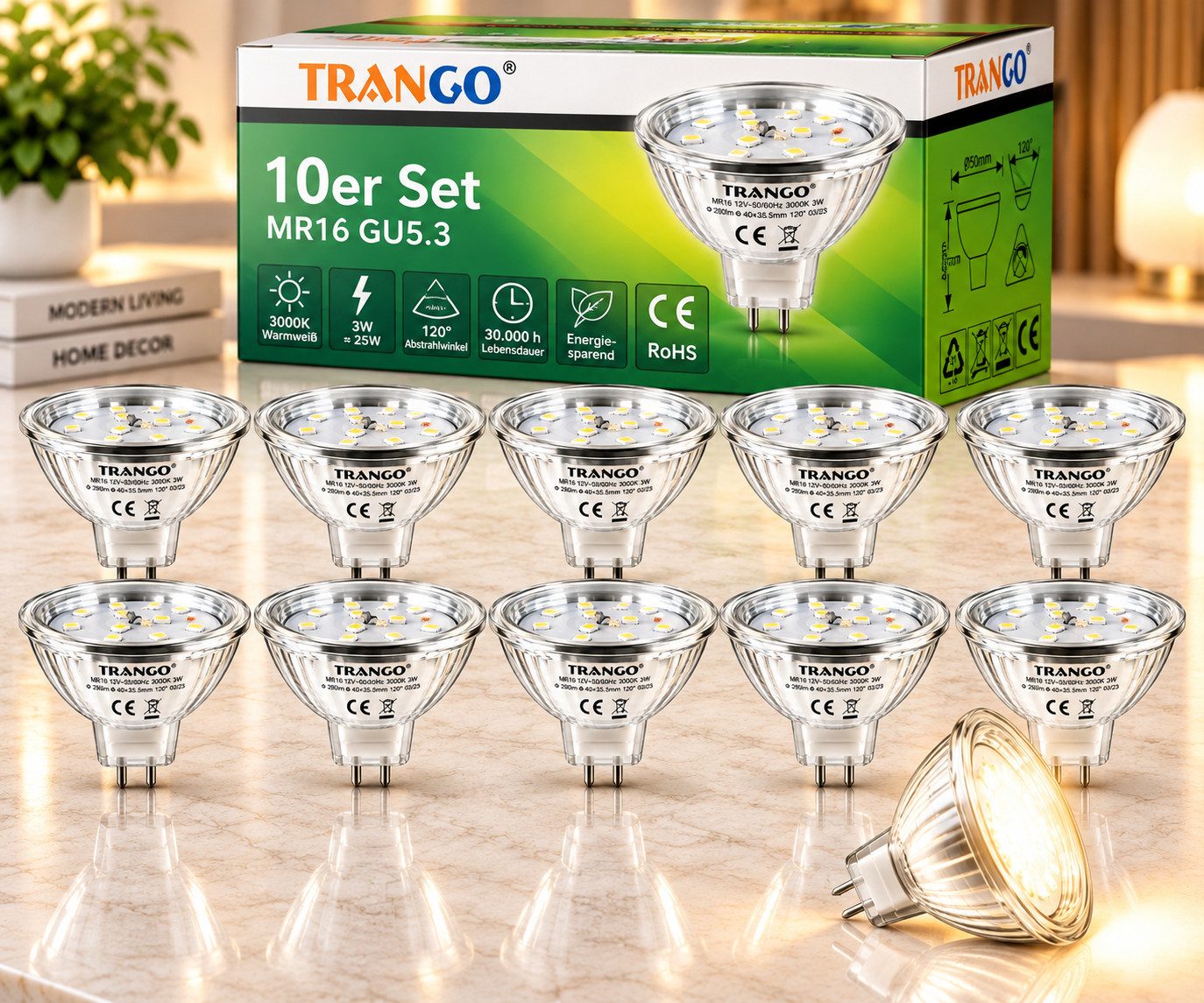 TRANGO LED-Leuchtmittel, 10er Set MR16030 LED Leuchtmittel mit MR16 Fassung zum Austausch von herkömmlichen Halogen Leuchtmittel MR16 I …