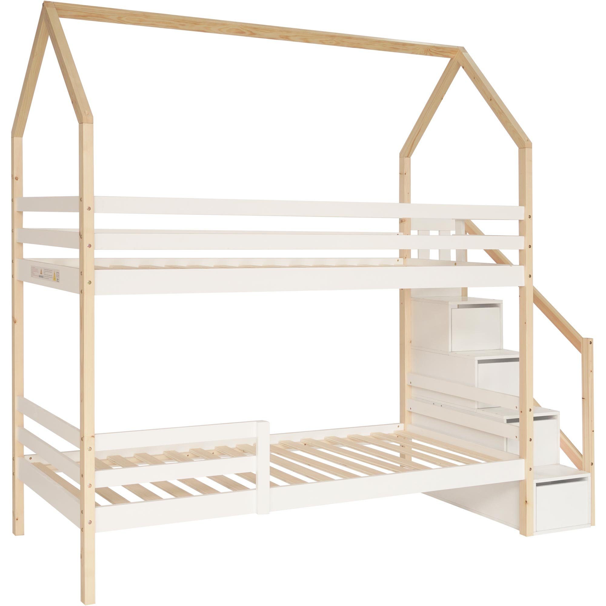 Etagenbett, mit Lattenrost und 4 Schubladen, Kiefernholz, 90x200 cm