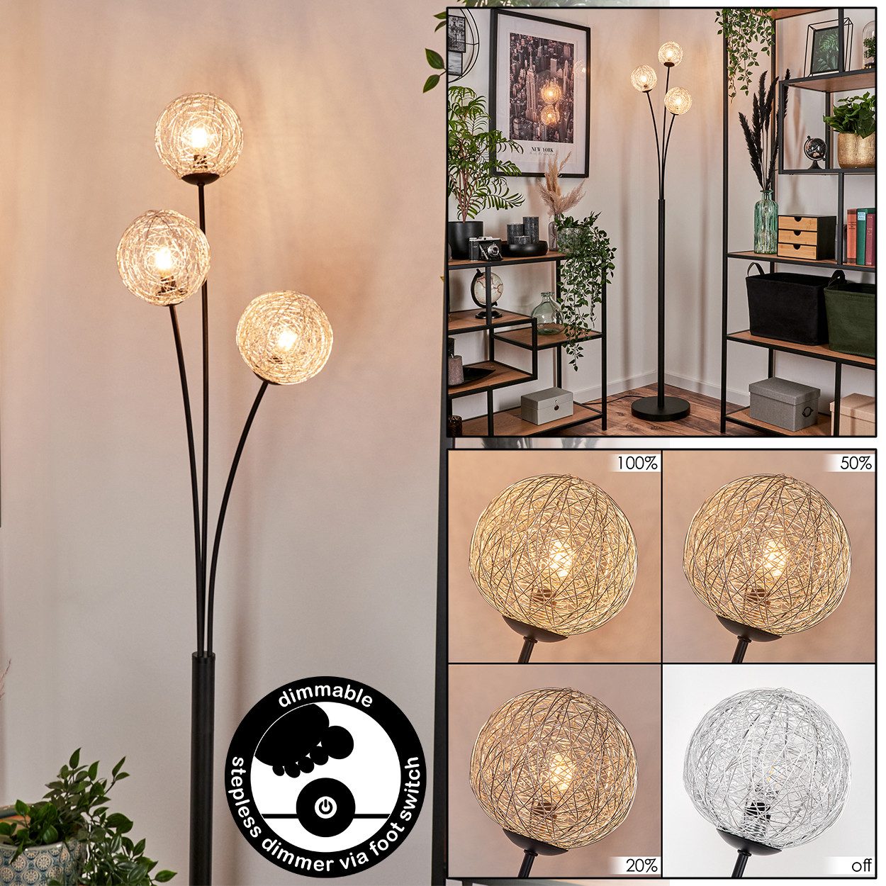 hofstein Stehlampe Stehlampe aus Metall in Schwarz/Silberfarben, ohne Leuchtmittel, Leuchte, Schirme aus Drahtgeflecht, dimmbar, 3xG9, ohne Leuchtmittel