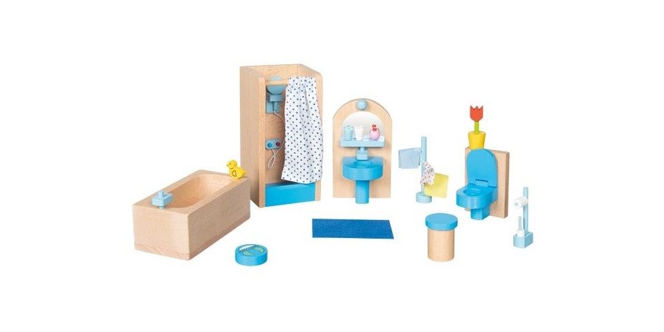 Gollnest & Kiesel Puppen Accessoires-Set Goki 51903 - Puppenmöbel Badezimmer, 17-teilig, Holz/Textil