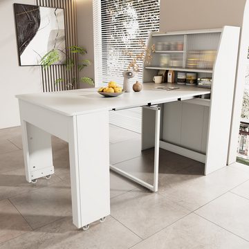 Flieks Esstisch (4 einstellbare Längen, 1-St), ausziehbar 52-132,5 cm Küchentisch mit Stauschrank Sideboard, weiß