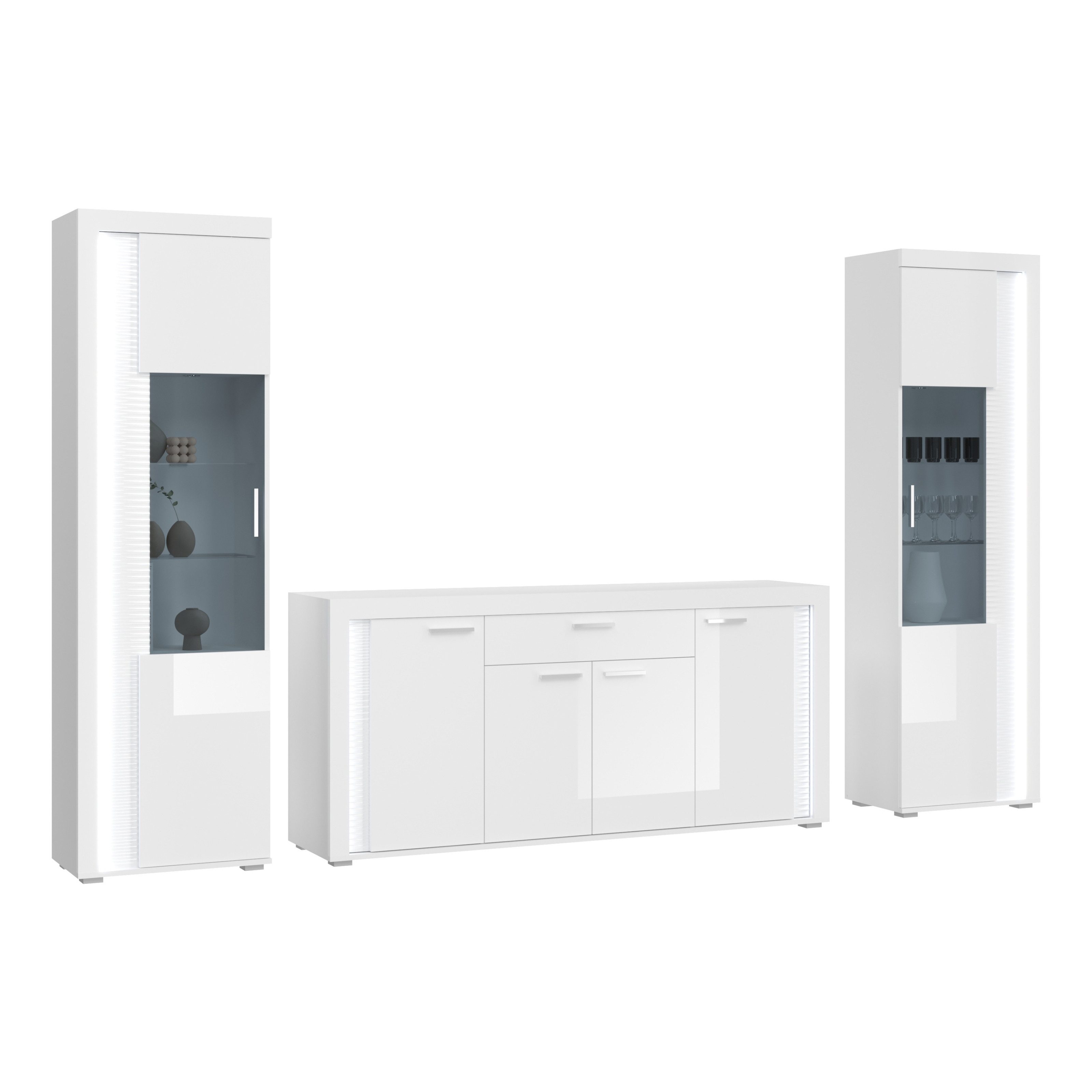 furnling Wohnzimmer-Set Stanley, (3-St., bestehend aus Sideboard, 2 Vitrinen), Breite 332 cm, Hochglanz Front, Frontbeleuchtung, Wohnzimmermöbel