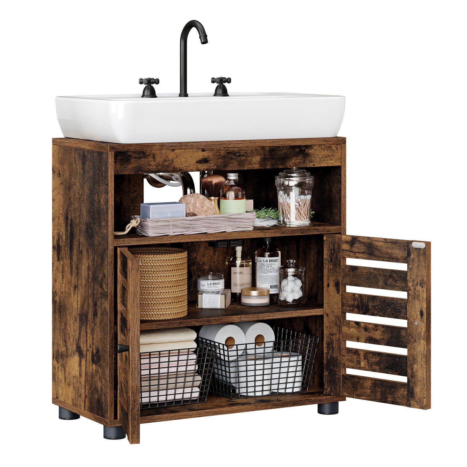 VASAGLE Waschbeckenunterschrank Badezimmerschrank Aufbewahrungsschrank Breite 60cm, mit 2 Lamellentüren, verstellbares Brett – Bild 4 von 5