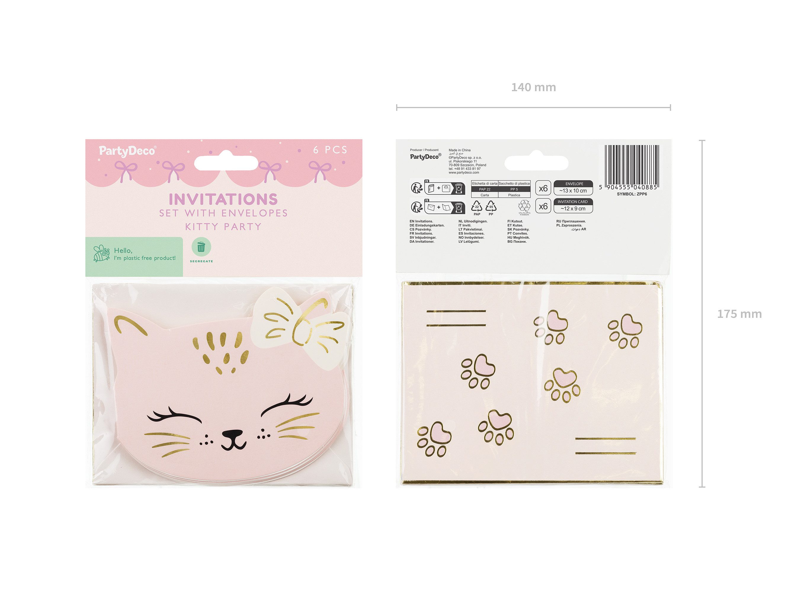 partydeco Einladungskarten, Einladungskarten mit Umschlag 13x10cm Katzen Motiv 6er Set Rosa