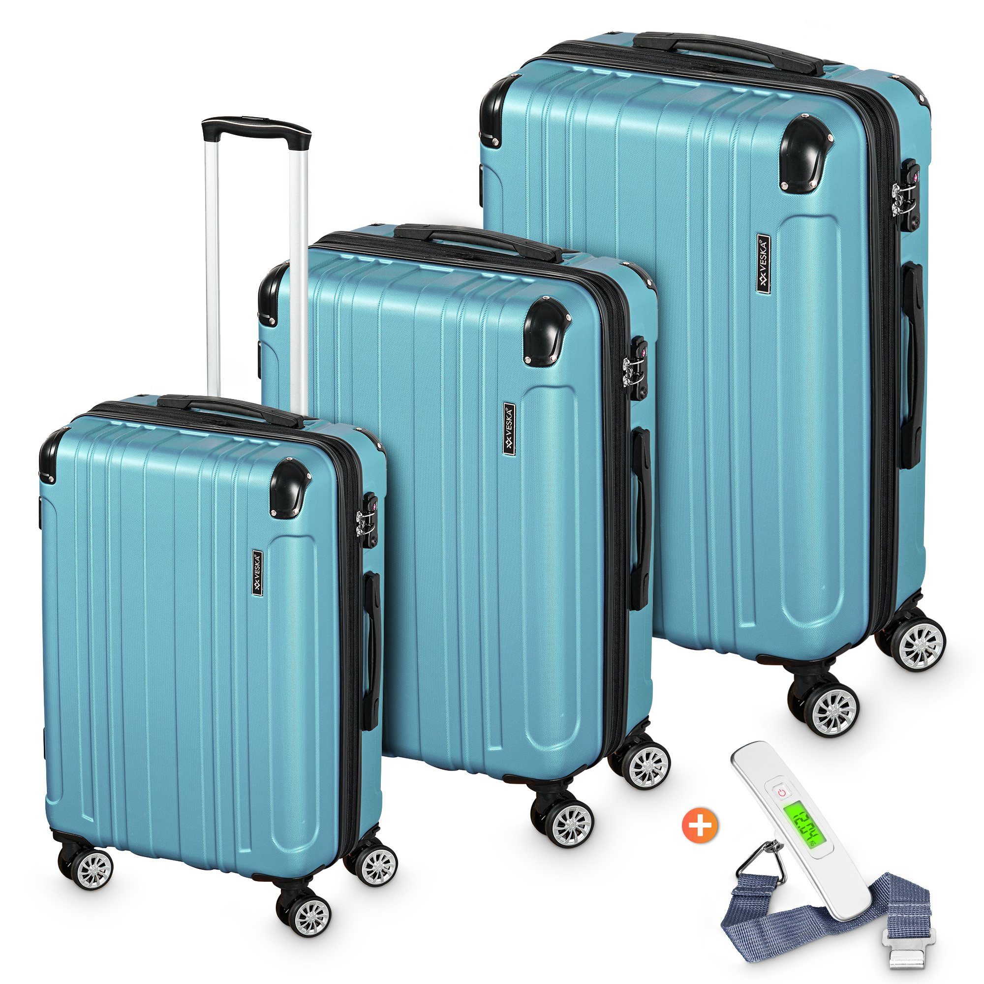 VESKA Trolleyset Hartschalenkoffer Kofferset 3 teilig mit TSA Zahlenschloss 4 Rollen, ABS-Hartschale, Reisekoffer Trolley Rollkoffer Koffer nebel-blau