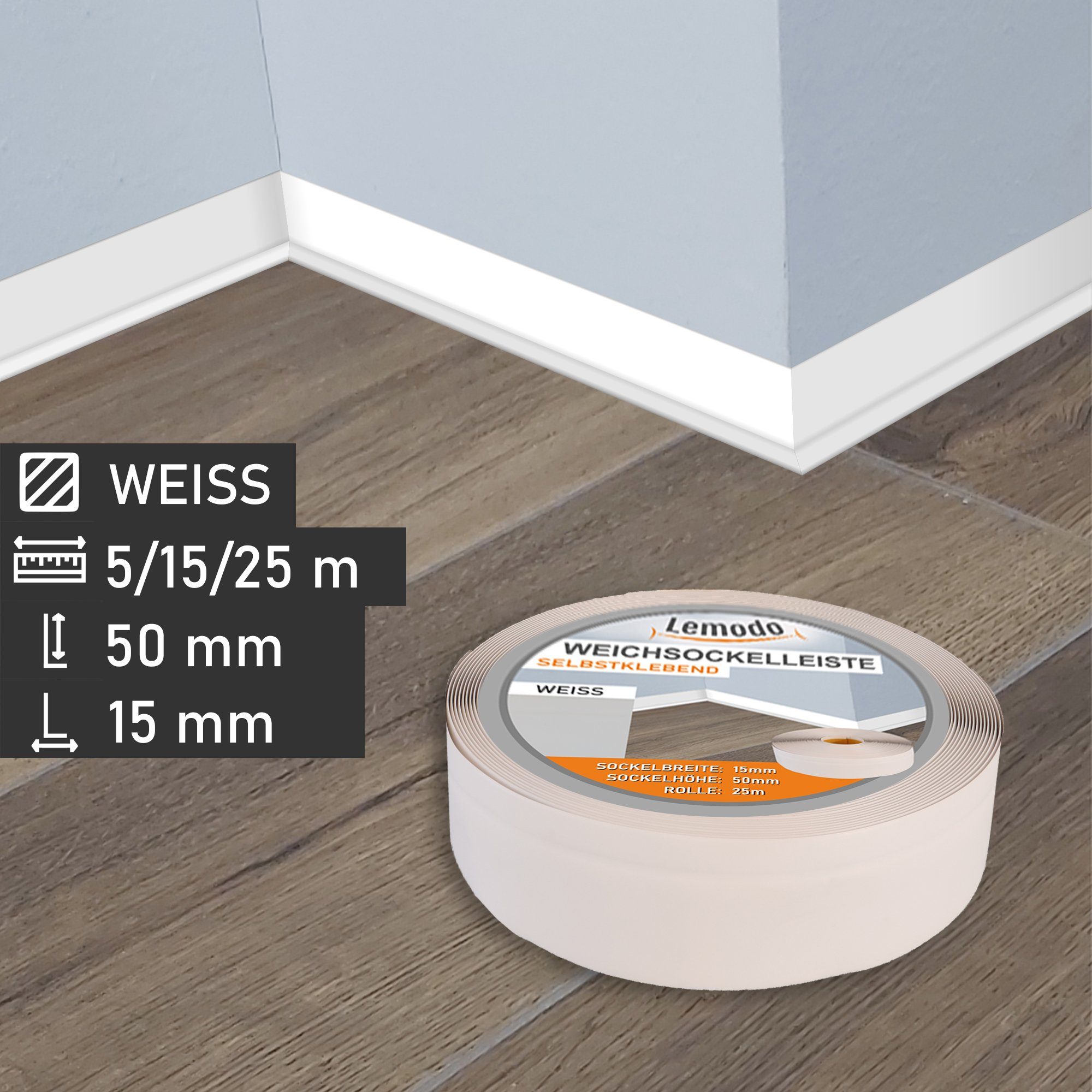 Lemodo Sockelleiste Weichsockelleiste selbstklebend, L: 500 cm, 1-St., Weichsockelleiste, Winkel, 50mm, flexibel, selbstklebend