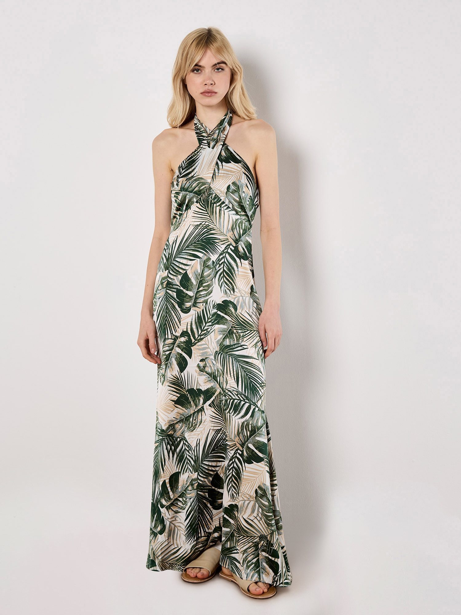 Apricot Maxikleid Tropical Satin Kleid mit Neckholder günstig online kaufen