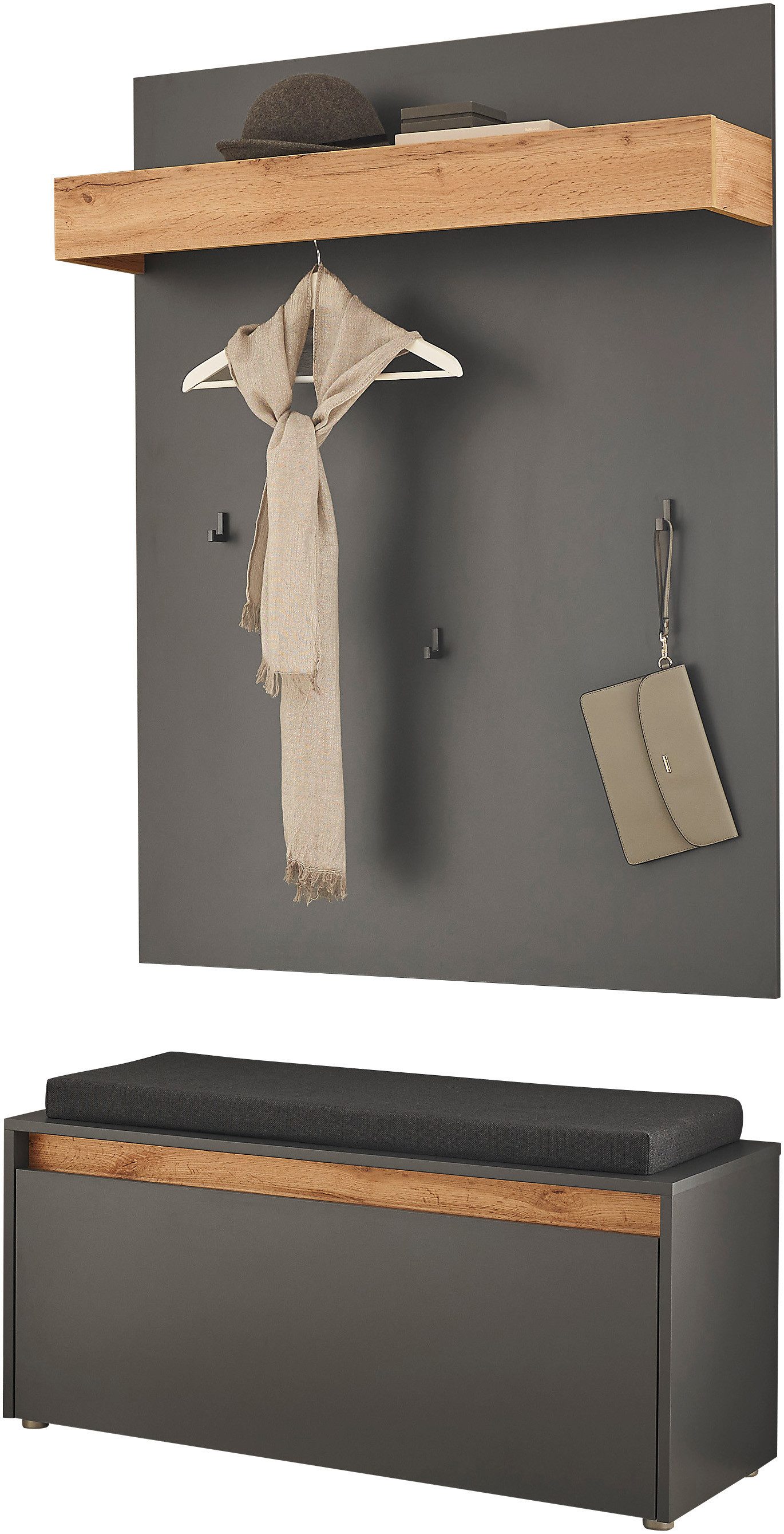 Home affaire Garderoben-Set GIRON/CiTY, moderne Garderobe, Komplettset mit viel Stauraum, (Komplett-Set, 2-St), enthält Garderobenpaneel & Schuhbank inkl. Sitzkissen, 100 cm breit