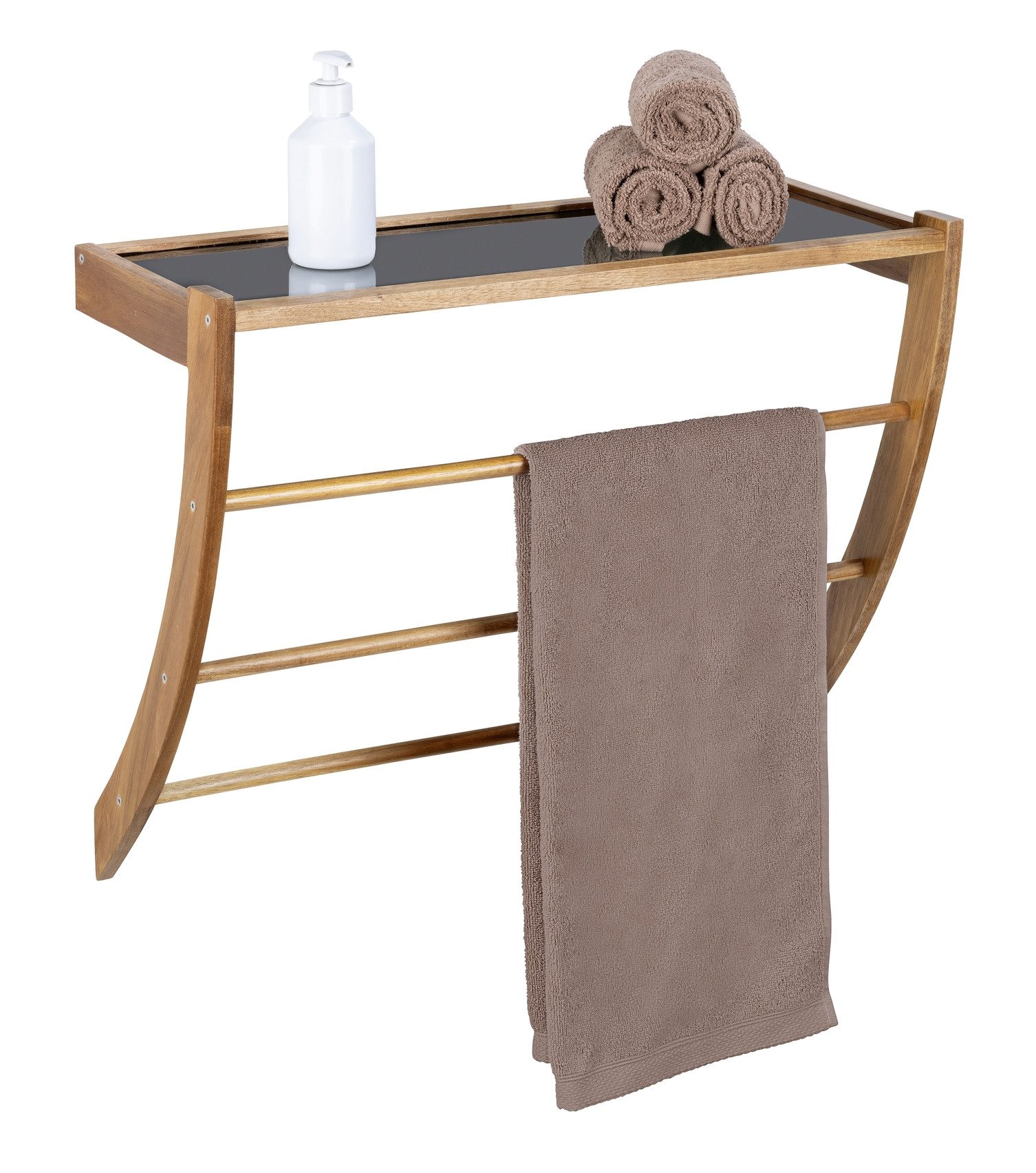 WENKO Wandregal Fondi, Badregal mit Ablage aus Glas und 3 Handtuchstangen, Akazienholz