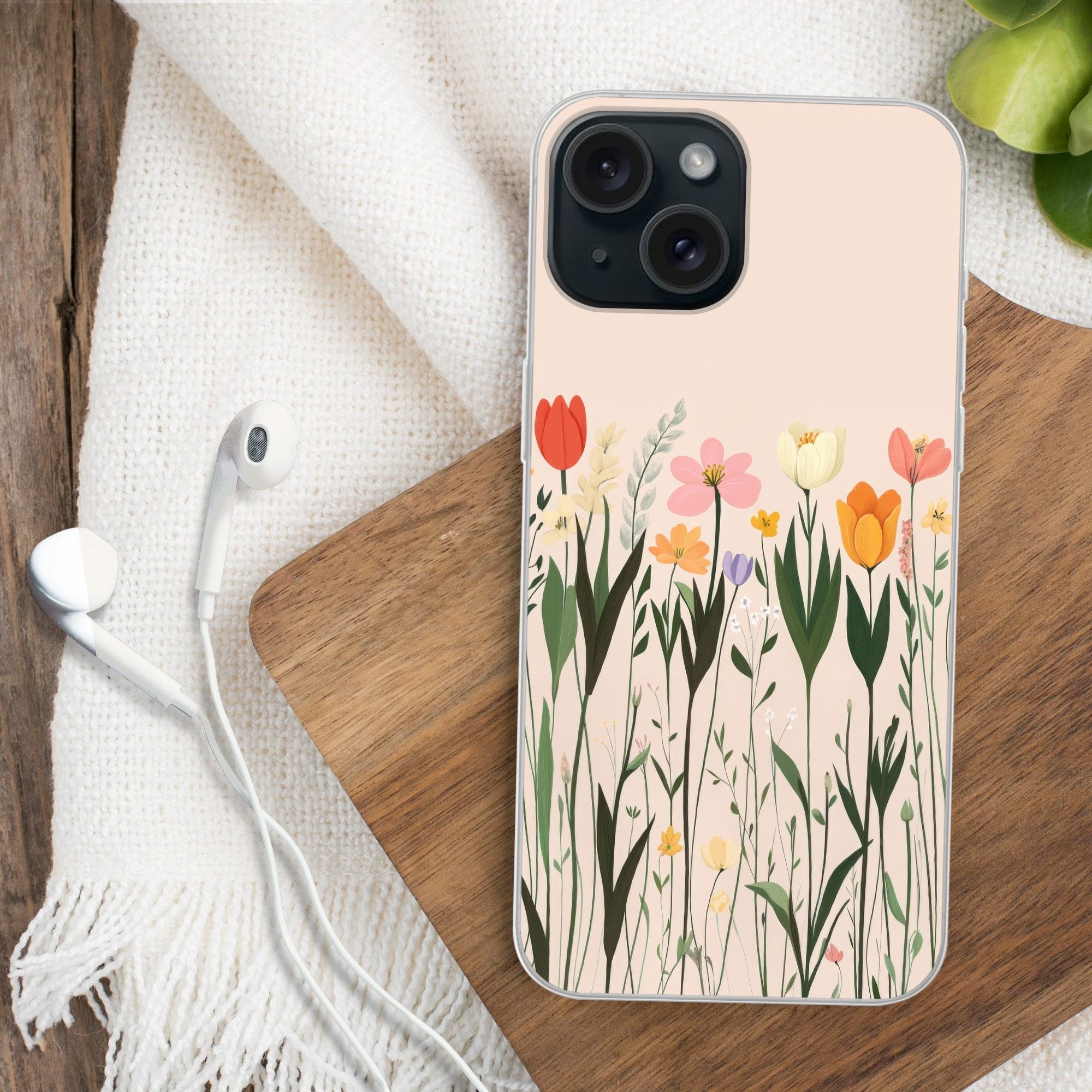 MuchoWow Handyhülle für Apple iPhone 15 Pastelltöne - Blumen - Illustration, Smartphone-Bumper, Print, Handy Schutzhülle Dünn