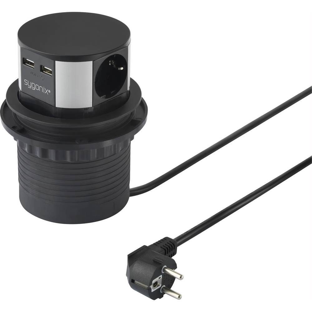 Sygonix 3fach Steckdosenturm mit 2 x USB-A SY-4780156 Steckdosenleiste, mit USB, versenkbar, erhöhter Berührungsschutz