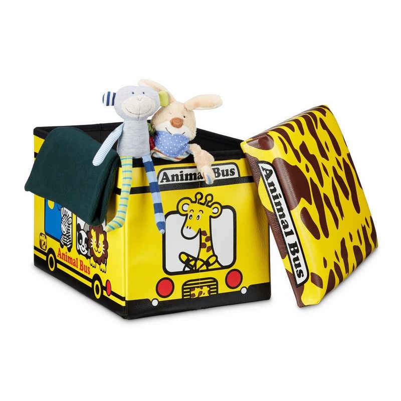 relaxdays Spielzeugtruhe Faltbare Spielzeugkiste mit Stauraum, Animal Bus