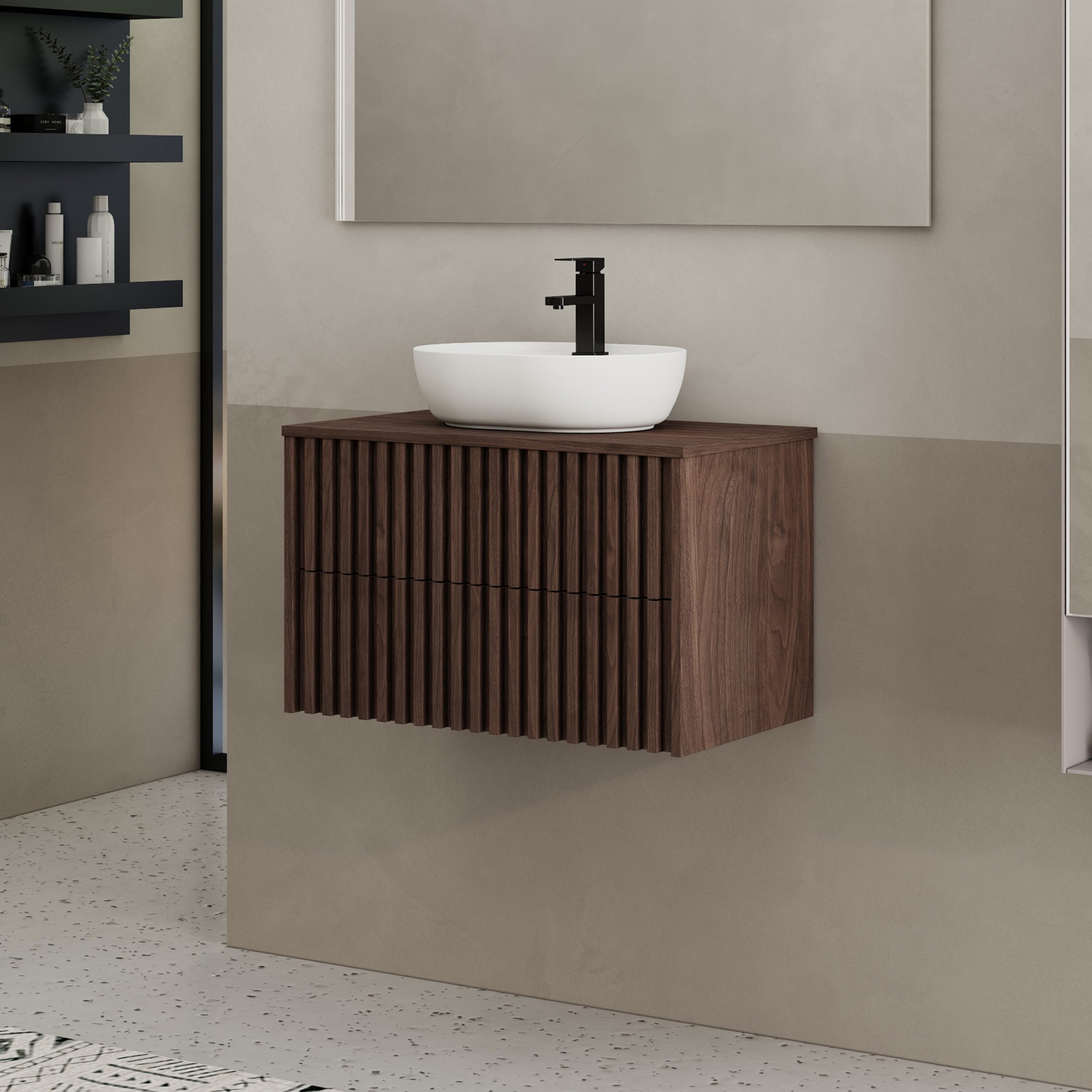 UEV Waschtisch mit Unterschrank hängend Ovales Keramikwaschbecken (Komplett-Set Badmöbel, Badezimmmer Schrank, mit Wasserhahn und Pop-up-Ablassventil Aufsatz-Wa – Bild 2 von 5