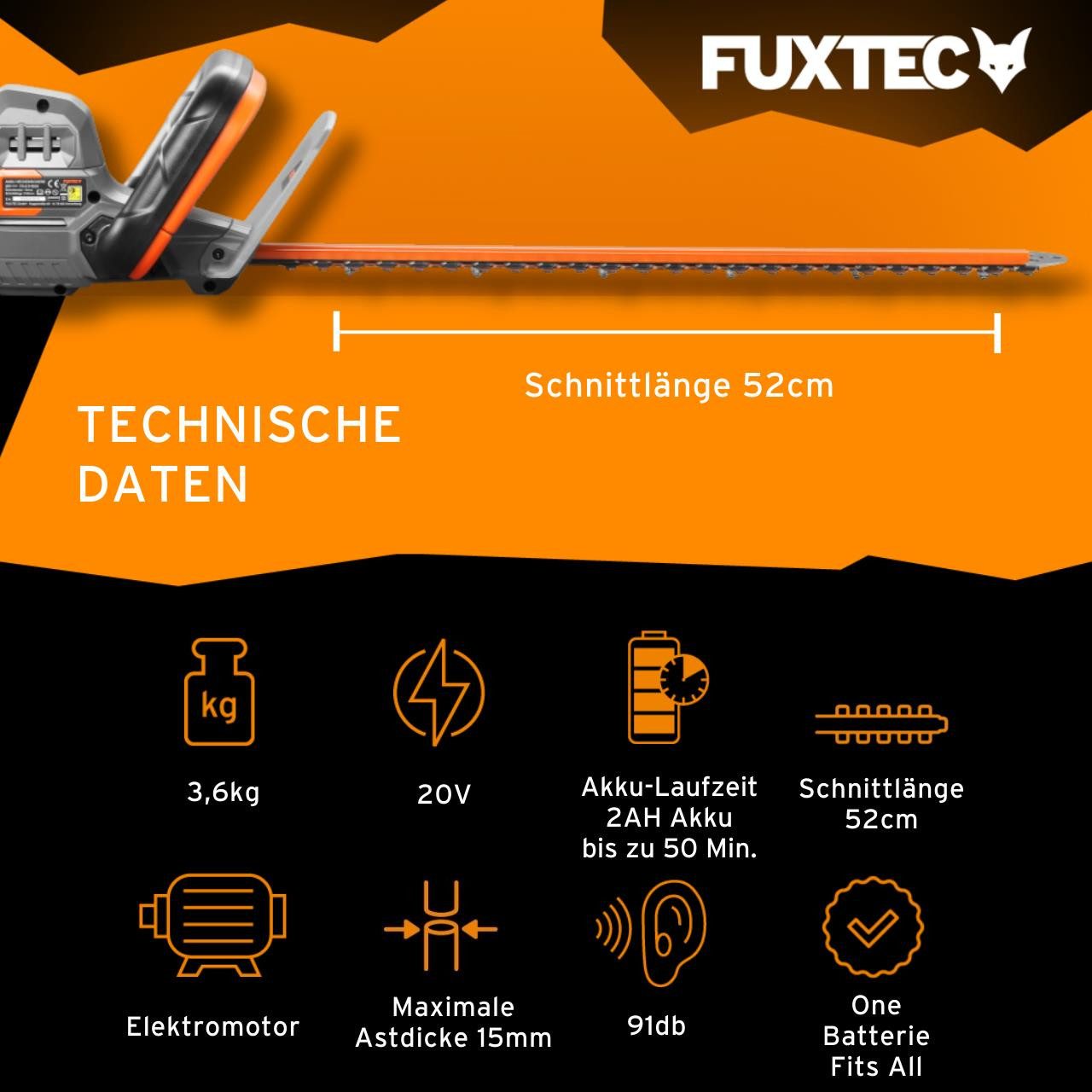 FUXTEC Akku-Heckenschere FX-E1HS20, 2Ah-Akku, 52cm Arbeitsbereich, 20V, bis günstig online kaufen