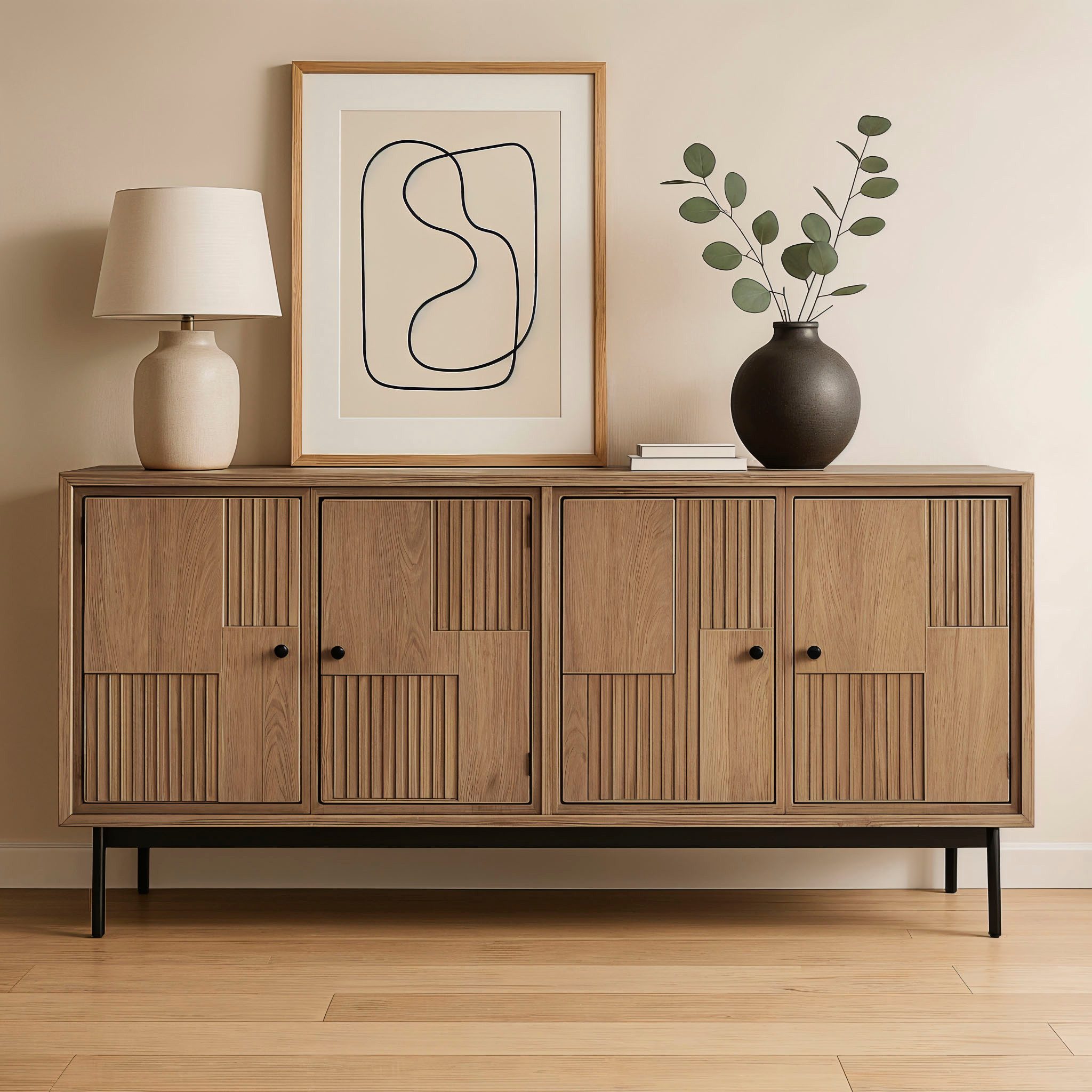 SIT Sideboard Kommode – Lamellen‑Front & kunstvolle Schnitzereien aus Massivholz (1 St), Massives Sideboard mit Lamellen‑Front & kunstvollen Holzschnitzereien