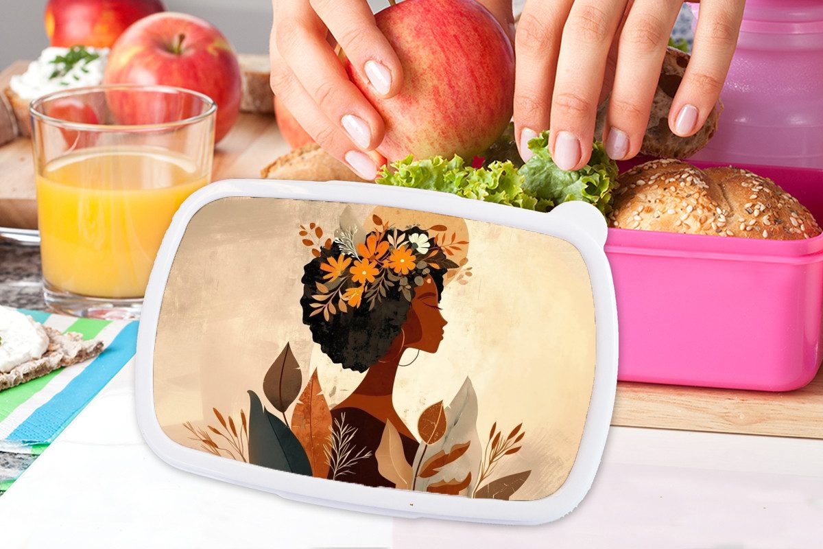 MuchoWow Lunchbox Frau - Locken - Blumen - Beige, Kunststoff, (2-tlg), Brotdosen, Lunch Box, Brotbox für Kinder und Erwachsene