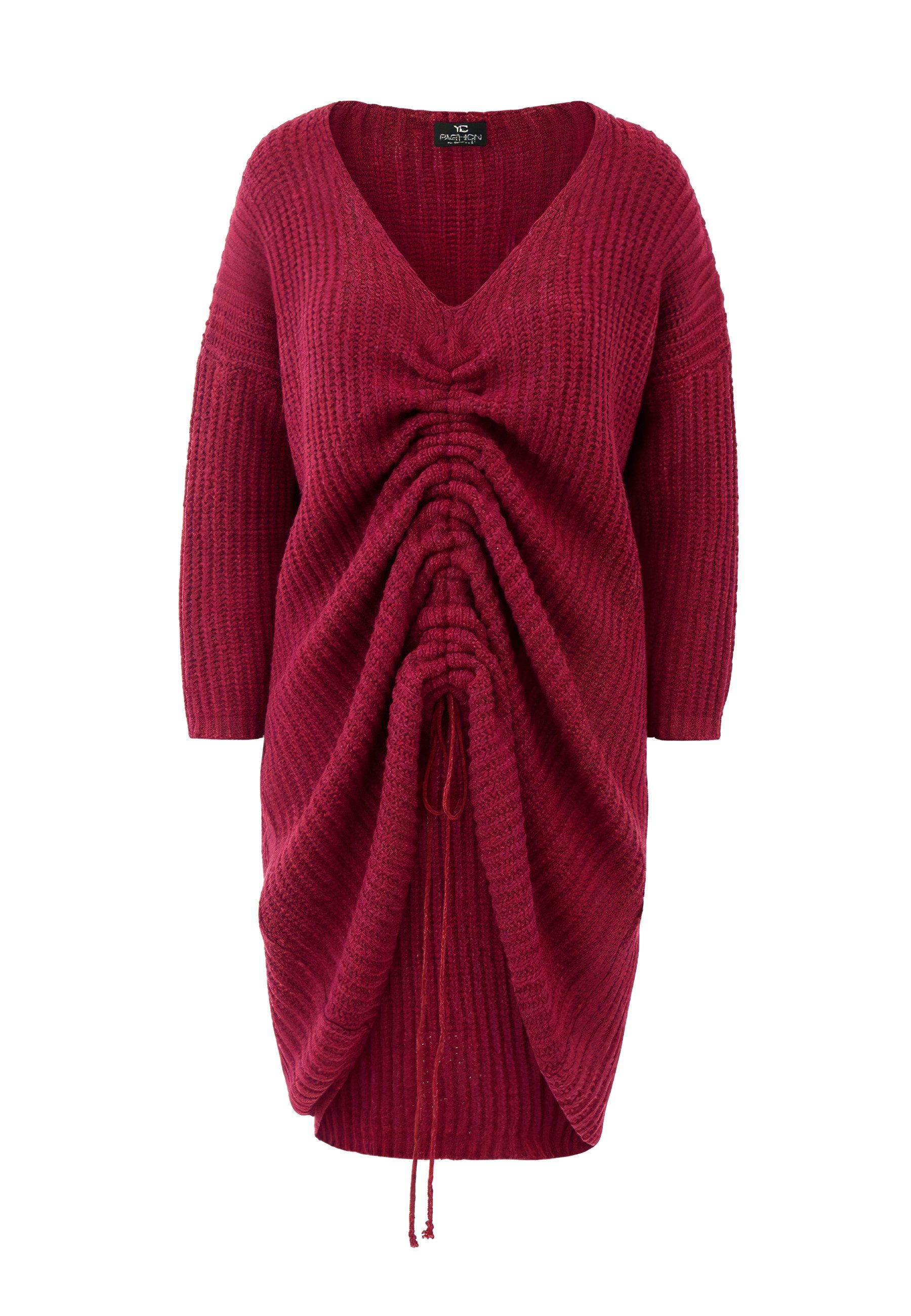 YC Fashion & Style Strickkleid Rippoptik mit V-Ausschnitt und Bindeband in Unifarbe