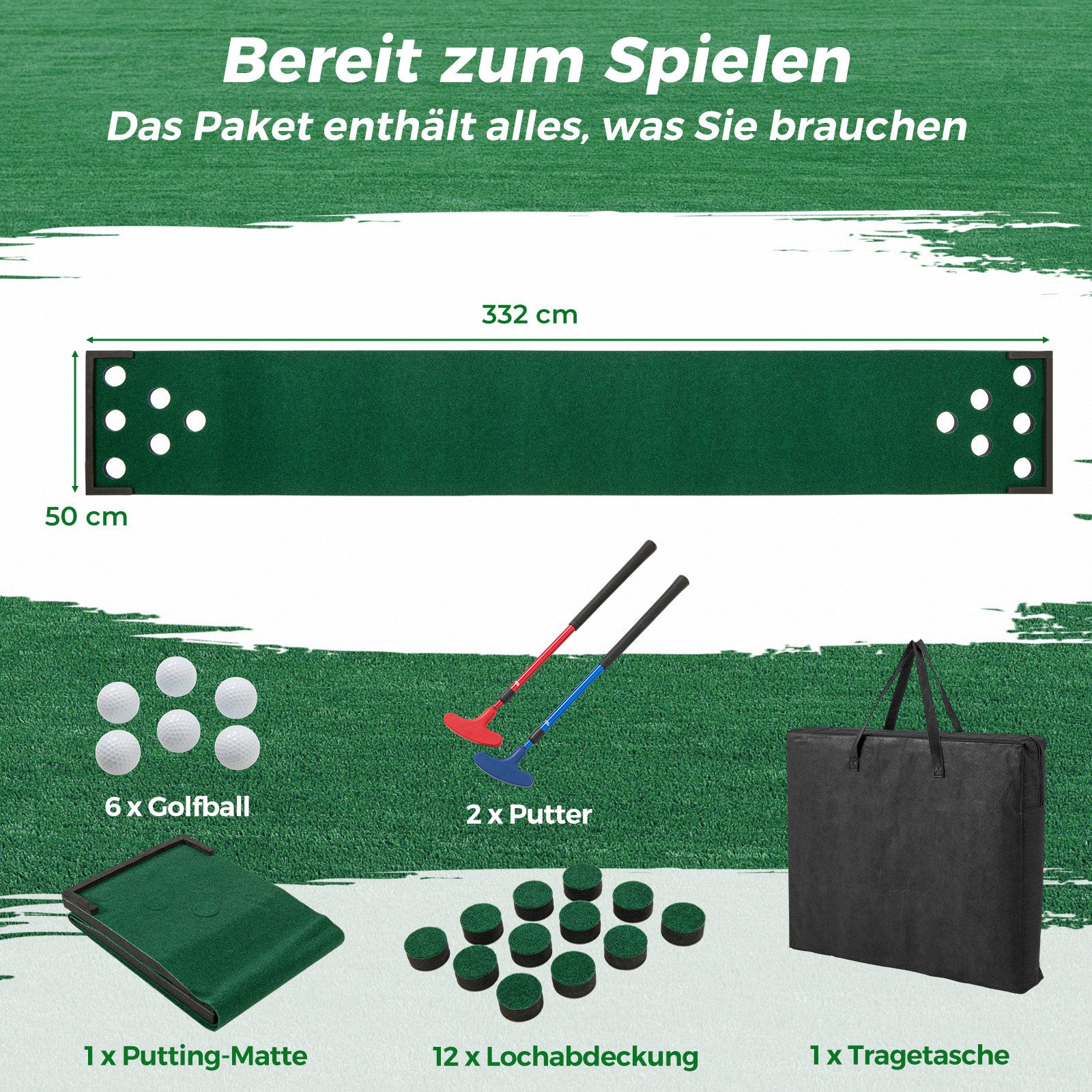 COSTWAY Puttingmatte (1-St), Golf-Übungshilfe für Innen- & Außenbereich, 332 cm