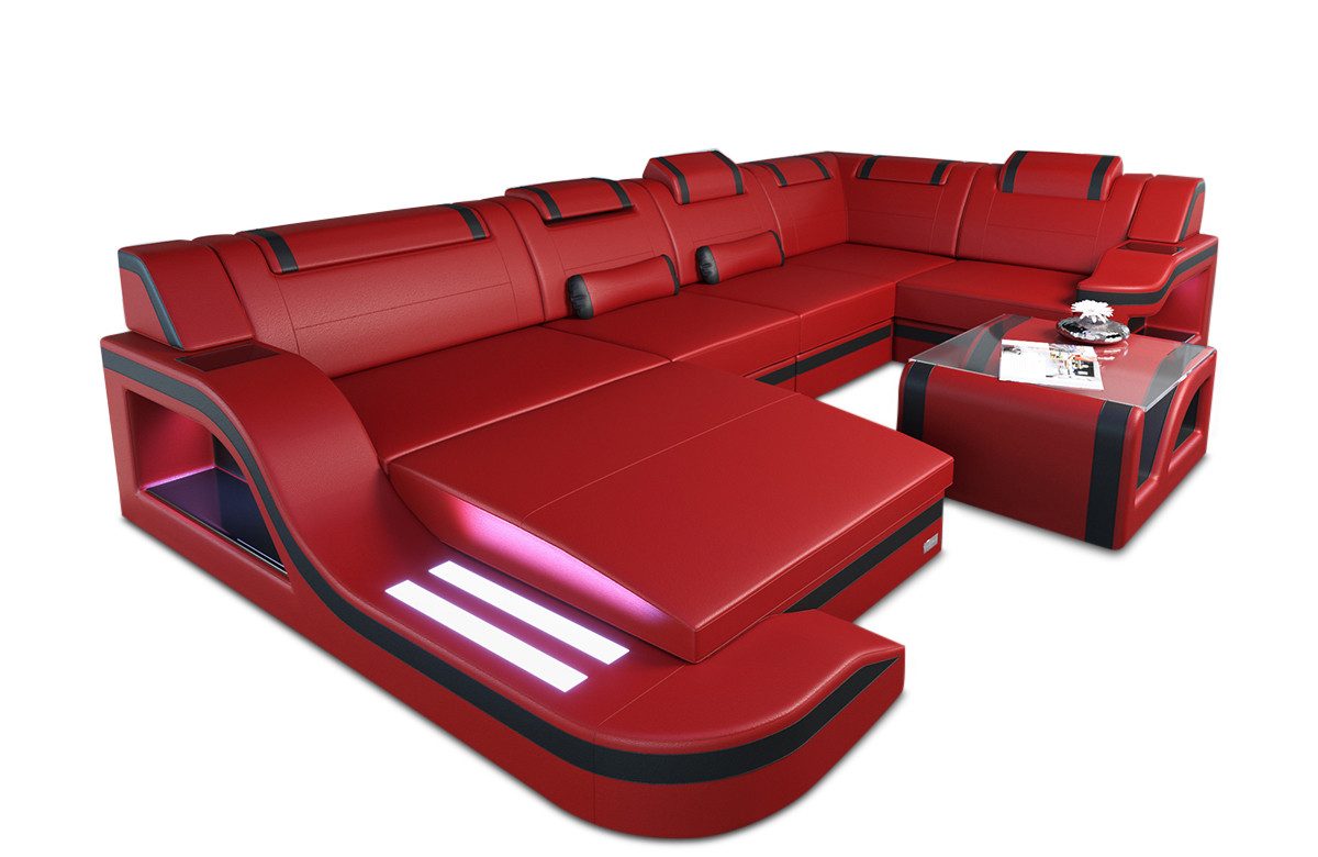 Sofa Dreams Wohnlandschaft Ledersofa Palermo U Form Mini, Designersofa Couch, mit LED Licht und USB Anschluss