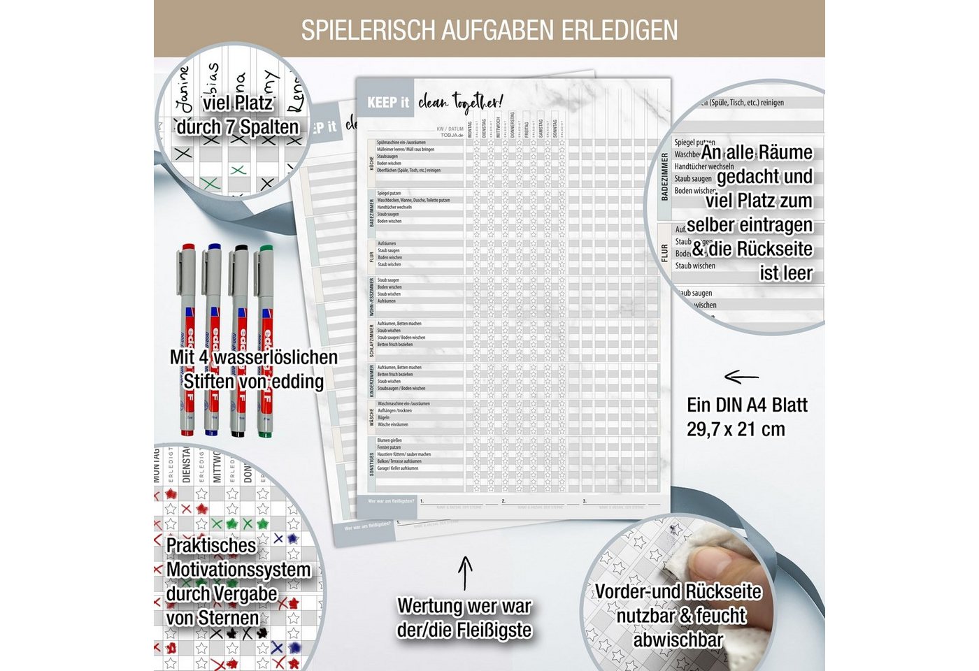 Thumbnail - TOBJA Notizblock Haushaltsplaner A4 "Folie" + 4 Stifte Blatt wiederbeschreibbar, Aufgabenplaner Putzplan Belohnungssyste...