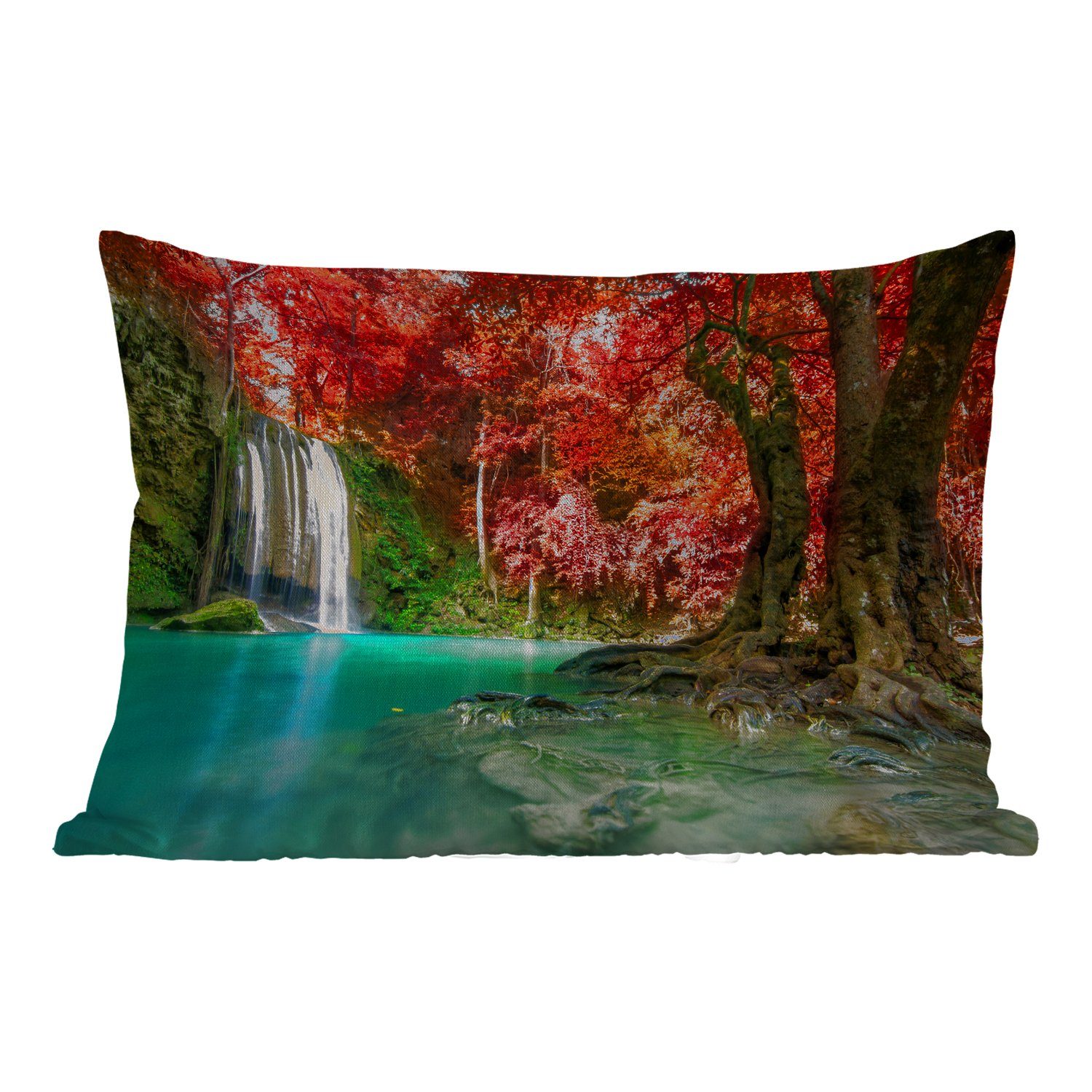 MuchoWow Dekokissen Wasserfall - Baum - Rot - Herbst - Wasser, Outdoor-Dekorationskissen, Polyester, Dekokissenbezug, Kissenhülle