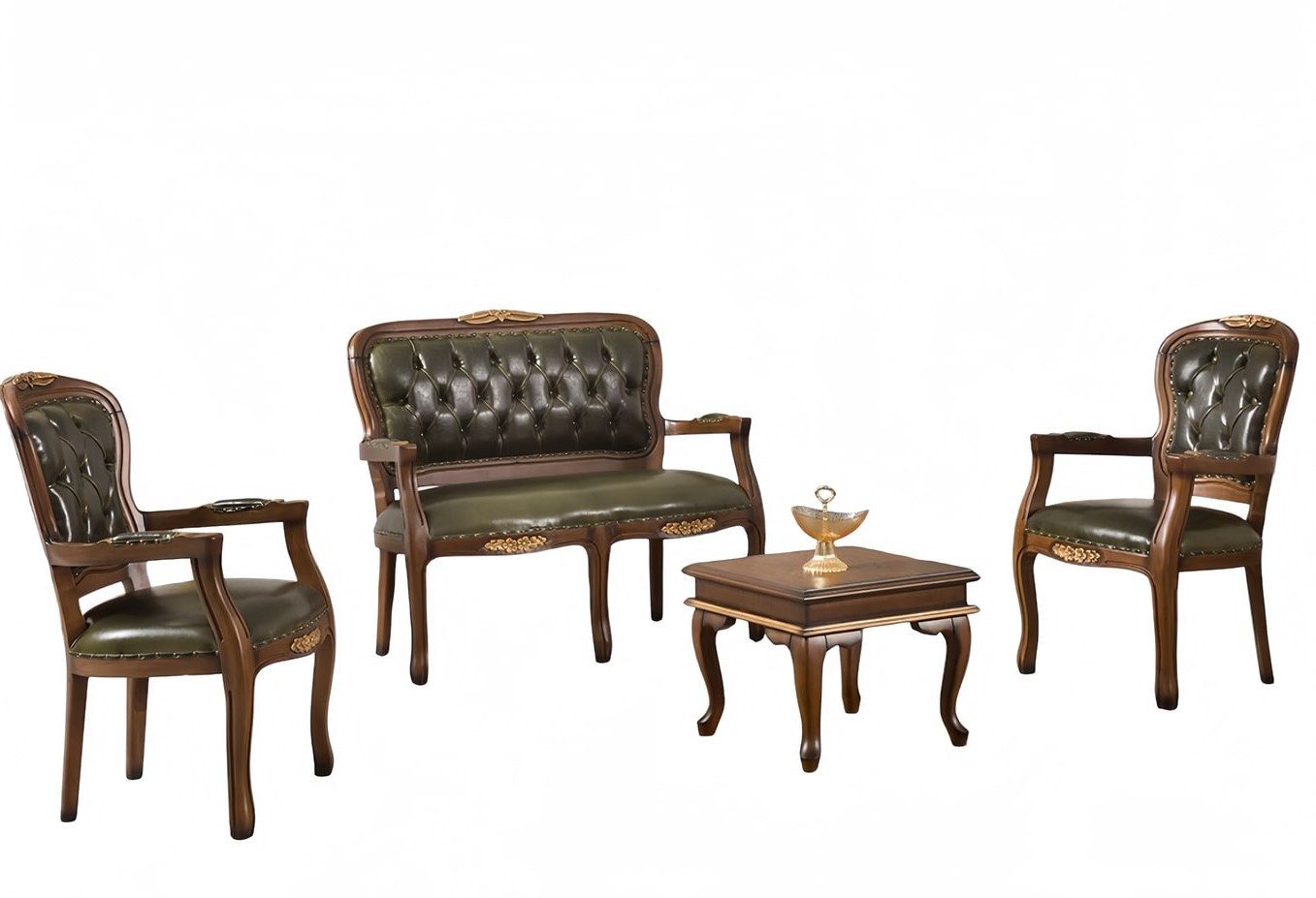 Xlmoebel Chesterfield-Sofa XLMOEBEL Chesterfield Sofa Set aus grünem Leder mit Holzgestell, 4 Teile, Made in Europa