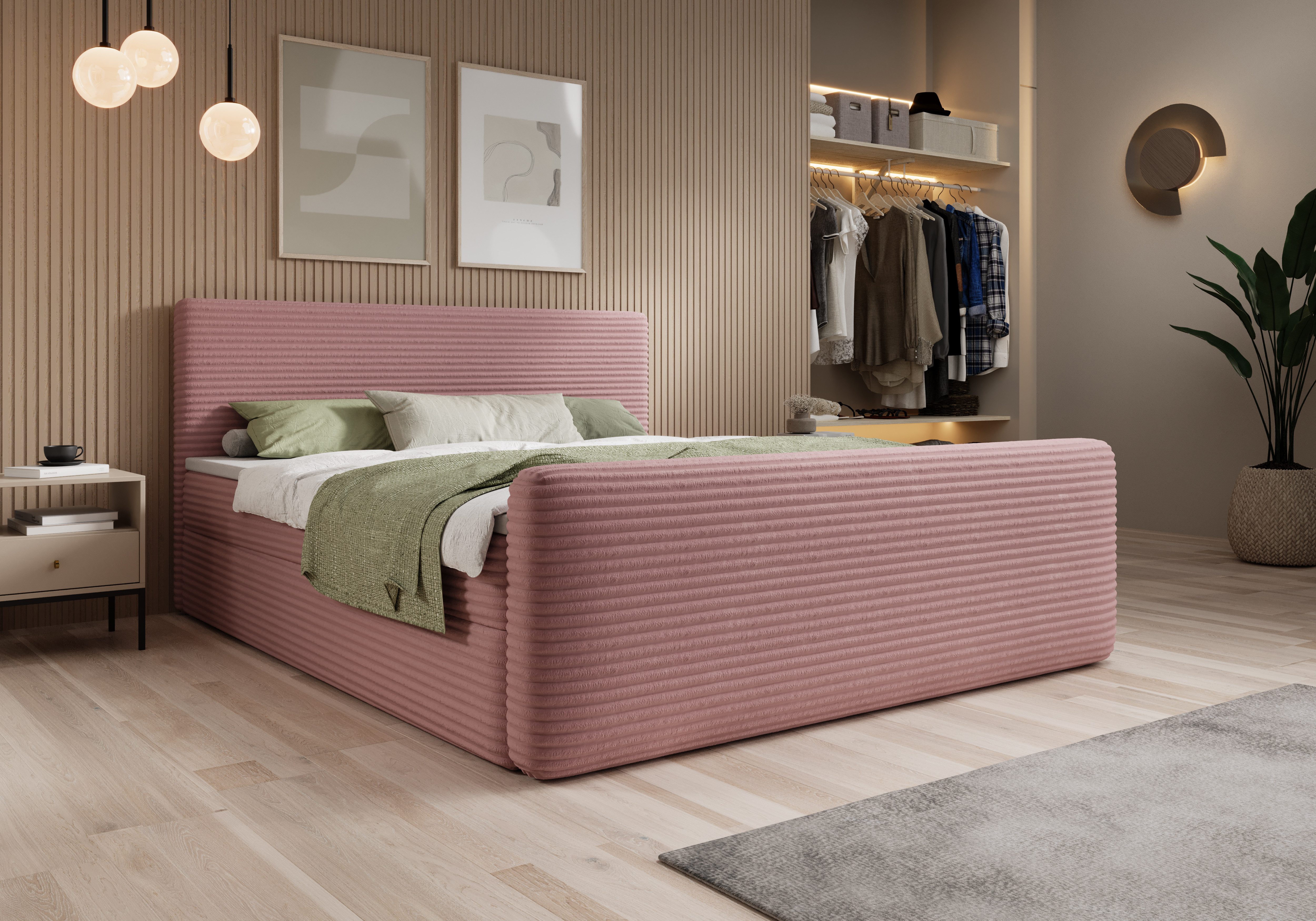 thematys Boxspringbett Cord mit Bettkasten 140x200–200x200 cm – Luxus Boxbett (Polsterbett Bonnellfederkern Matratze H3 + Gratis 3cm Topper, Doppelbett mit Stauraum)