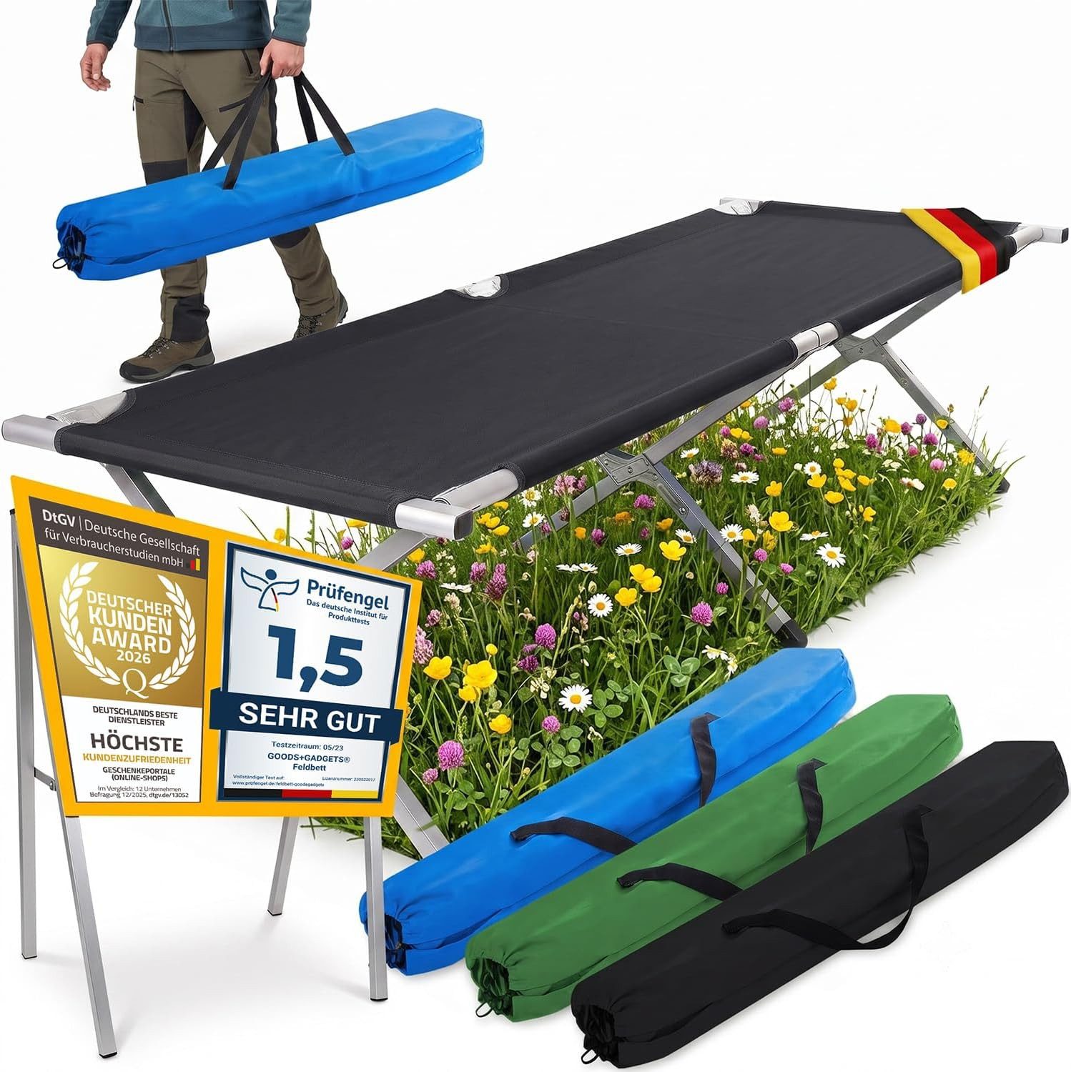 Goods+Gadgets Feldbett Faltbares Aluminium-Feldbett – Robust & Leicht für Camping & Gästebett (Campingbett, Klappbett) Gästebett aus Aluminium