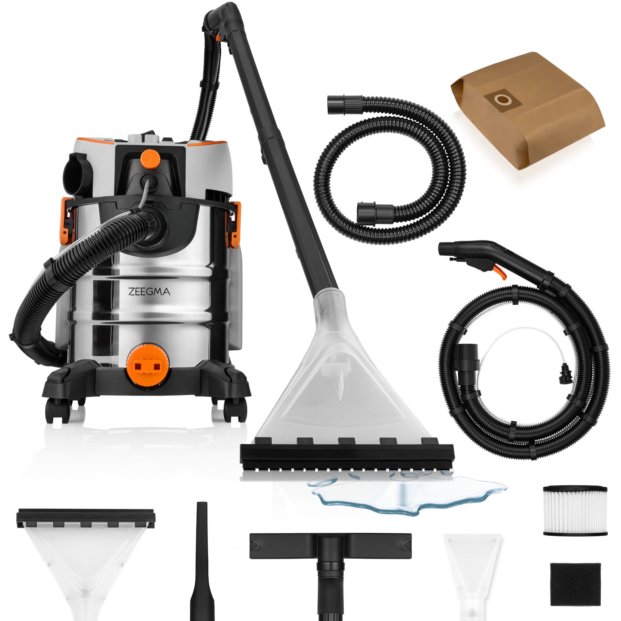 Zeegma Wasch-Sauger ZONDER PRO AQUA, 1400 W, Schmutzwassertank: 20L, Tank für sauberes Wasser: 4L, auch mit einer Beutel, Saugkraft regelbar/Schnelle Trocknung/4LTank/Volle Mobilität