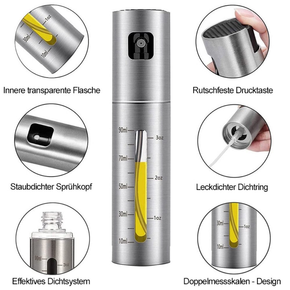 Heyork Ölspender Ölsprüher für Speiseöl Edelstahl 90ml Öl Sprühflasche für Kochen Grill